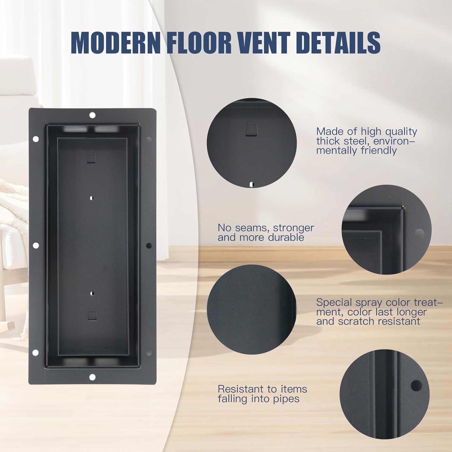 Floor Vents Flush Mount Floor Register All Metal 4X10 Inch Black Color Floor Air Register Heavy Duty Durable Modern Flush Air Vent