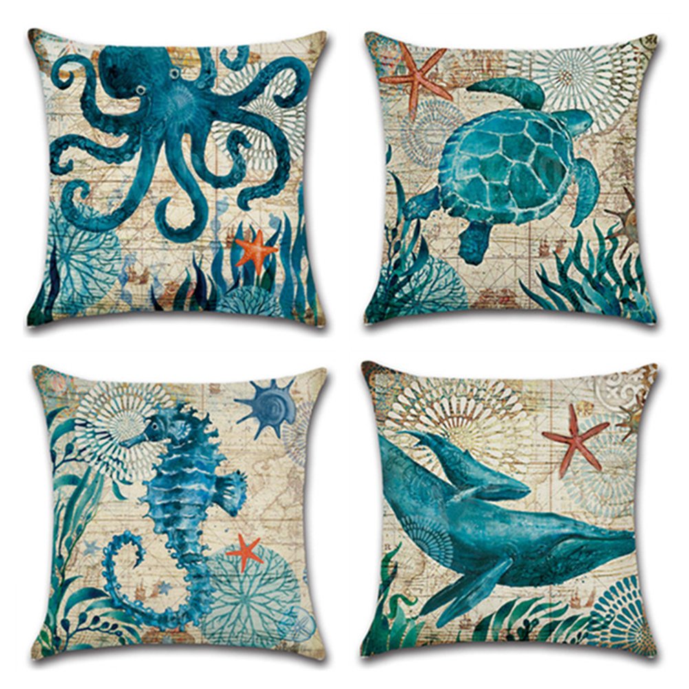 Aremazing Ocean Theme Throw Pillow Covers – Set Of 4 Cotton Linen 18x18" Covers With Sea Turtle, Whale & More