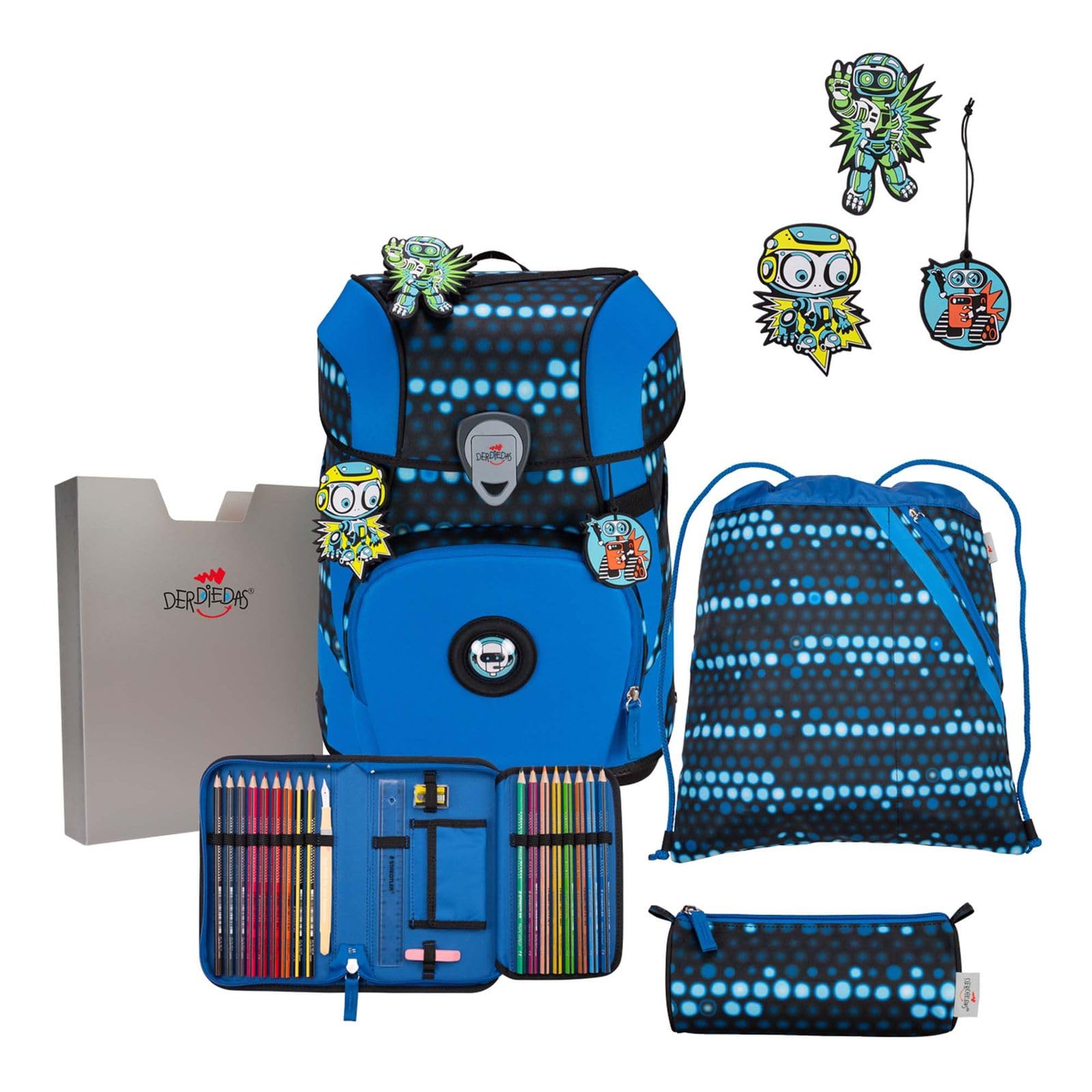 DerDieDas ErgoFlex Tiny Superflash Blue Robot - Juego de 5 Mochilas Escolares, Azul