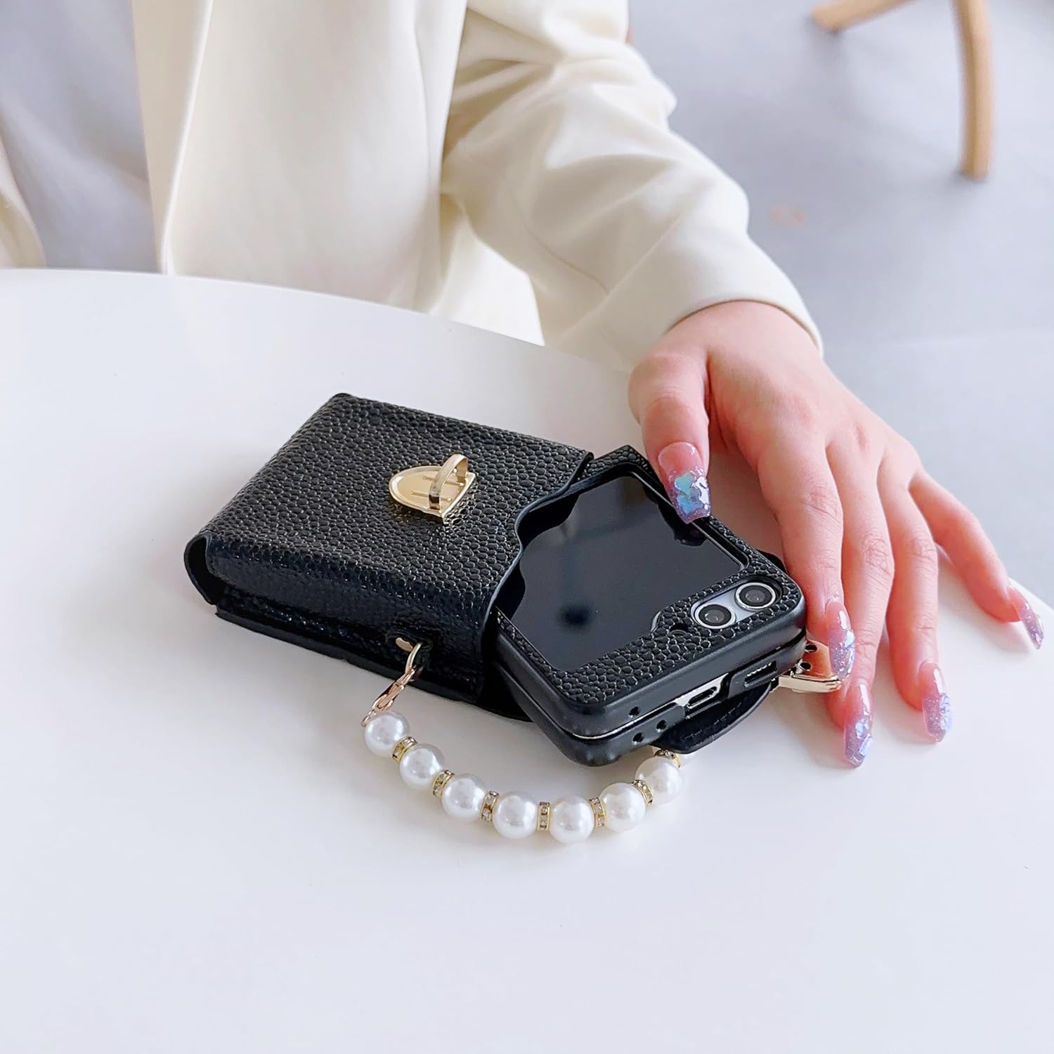 Elegant & Premium Case for Galaxy Z Flip 5 with Pearl Chain Charm, Chic Black Leather Flip Cover with Mini Bag, Slim Shockproof Design (Premium Black)