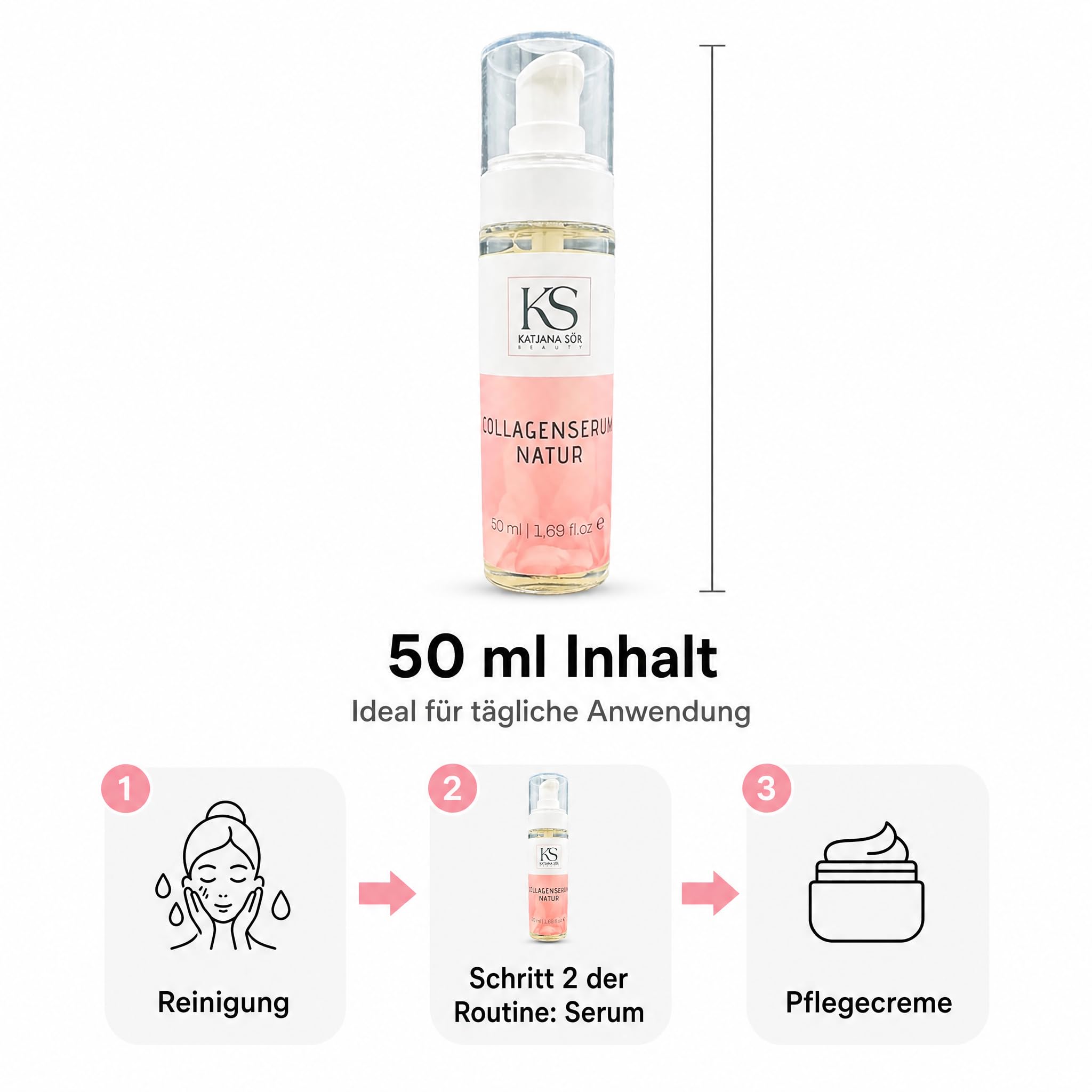 KS Beauty Collagenserum Natur – Hyaluron, Aloe Vera & Rosenöl 50 ml | Feuchtigkeitsserum mit tierischem Kollagen, Aloe Vera & Rosenöl – für trockene, reife und sensible Haut