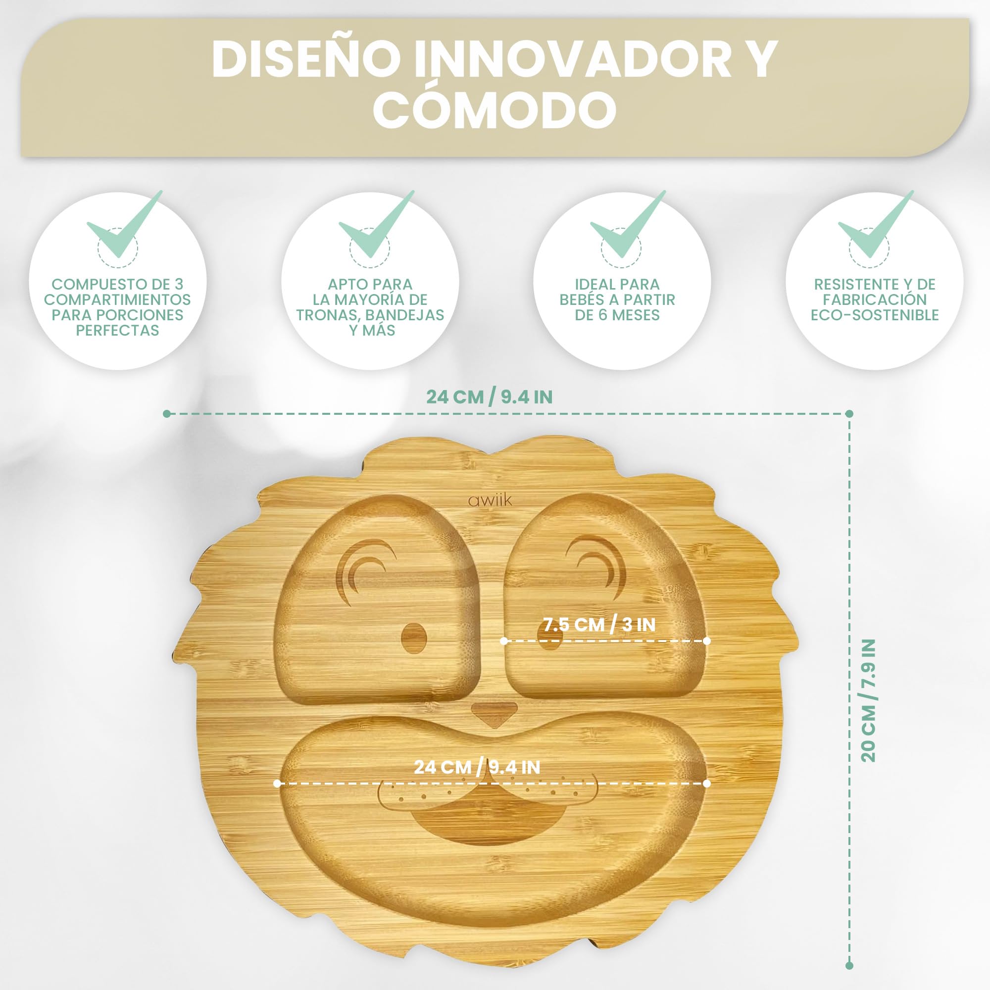 Plato de Bamboo con fuerte ventosa para bebés y niños pequeños. Plato BLW de bambú antideslizante con succión. Vajilla infantil antivuelco para aprender a comer BLW. (Lion)