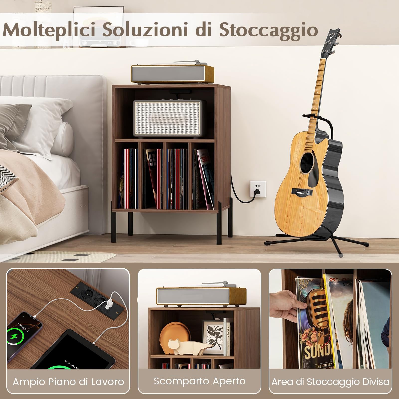 RELAX4LIFE Supporto per Giradischi con Stazione di Ricarica, Porta Vinili con 5 Scomparti e Gambe in Metallo, Scaffale per Dischi in Vinile per Soggiorno, Camera da Letto (Noce)