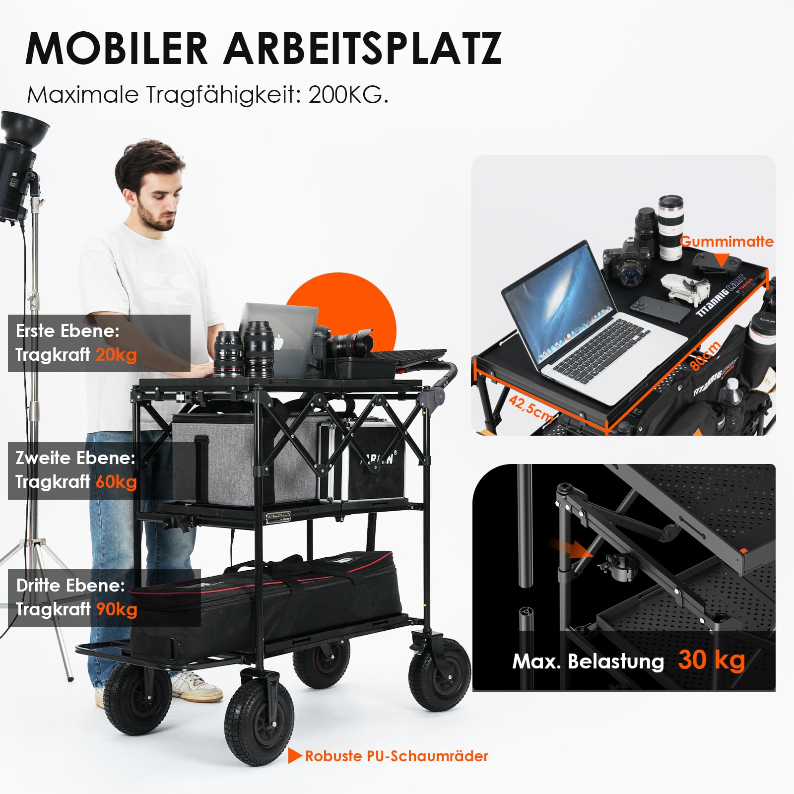 TARION Faltbarer Kamerawagen Filmwagen Fotowagen– Robuster Kamera Rollwagen mit Schwenkrädern, Hohe Tragkraft für Film, Studio & Bühne – Profi Videowagen für Fotografen & Filmemacher Titanrig Cart