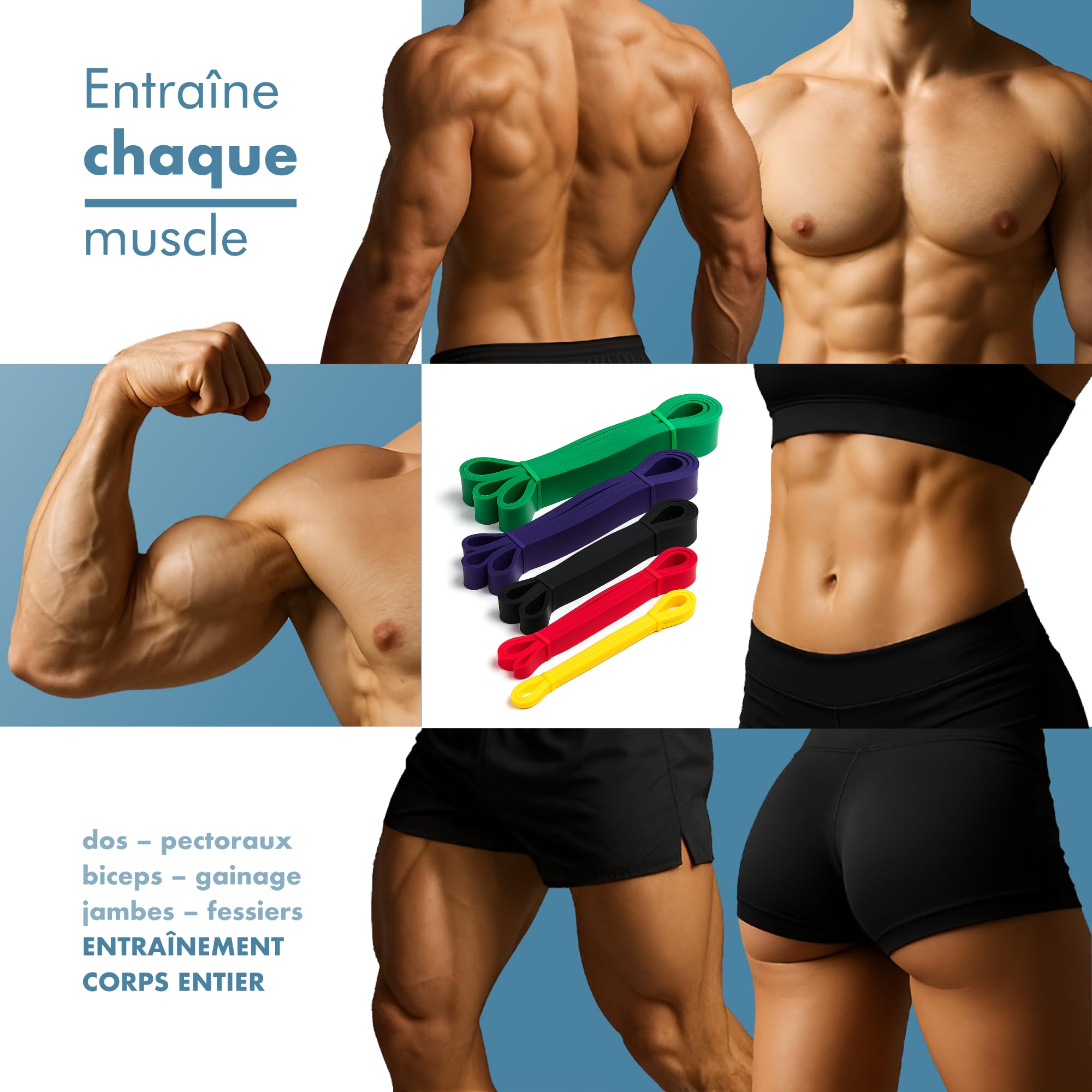 PORTENTUM Bande Élastique Musculation Set Résistance 4-5 Niveaux Poignées Ancrage Porte Housses Sac