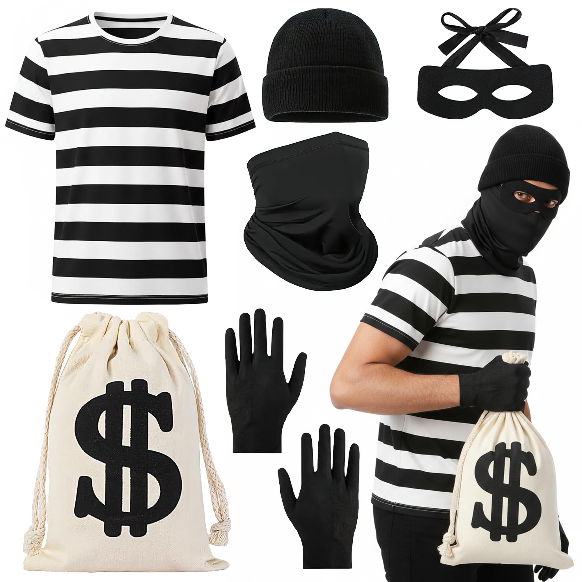 Soireeparty Robber Costume Adults 6 Piece Set, Burglar Fancy Dress with Short Striped T-Shirt Mask Swag Bag Hat Gloves