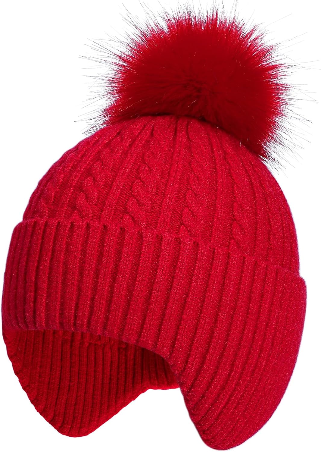 Toddler Earflap Beanie Hat with Rainbow Pom for Little Girls Knitted Beanies Kids Winter Skiing Caps Age 3-8