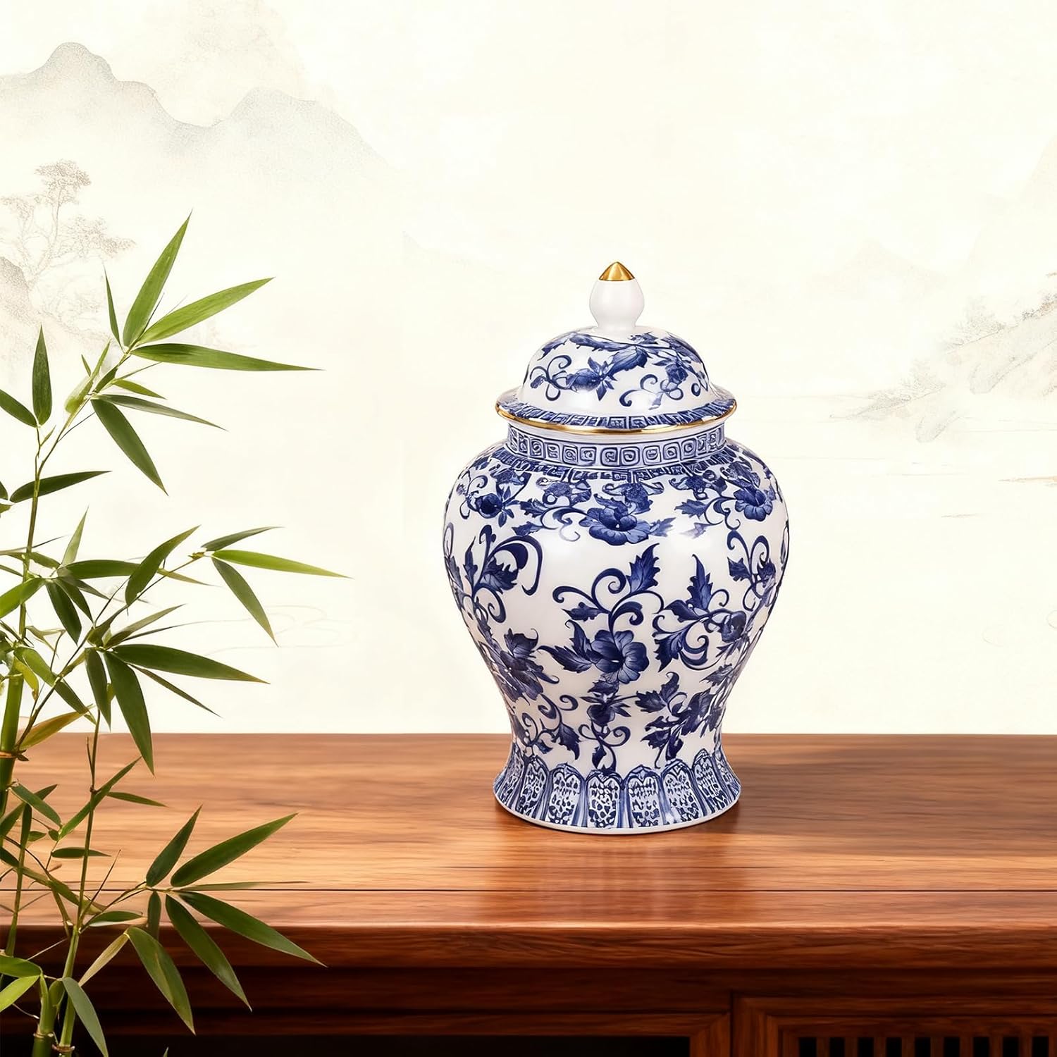 Chinoiserie Ginger Jar with Gilt Edges,7.87 Inch Ceramic Blue and White Ginger Jar with Lid,Porcelain Ginger Jars Vase for Home,Living Room,Coffee Table,Shelf Decor