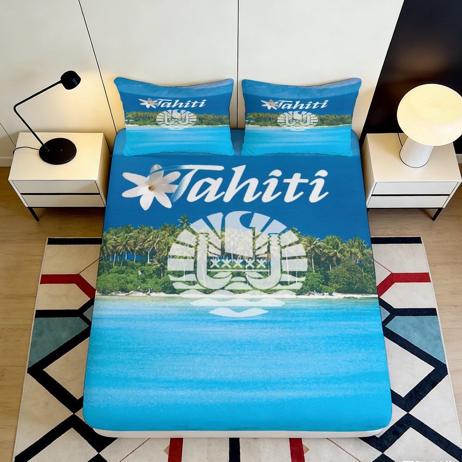 3D Printed Tropical Scenery Fitted Sheet Microfiber Deep Pocket Non-Slip Island Mattress Fitted Cover Full Wrap for Adults Bedroom 90x200x25cm