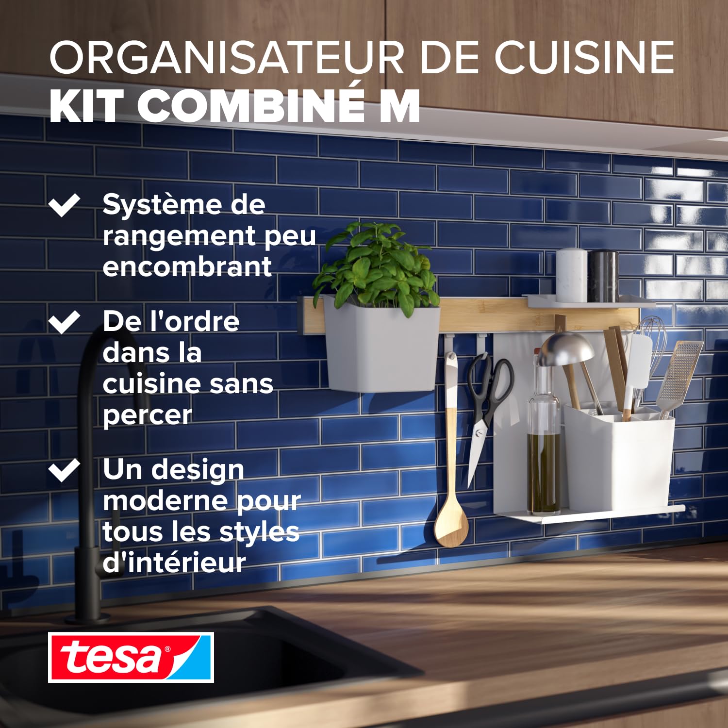 Tesa Rangement de Cuisine Combiné M - Barre de Crédence Autocollante avec Pot à Herbes, 2 Étagères, Porte-Ustensiles, Barre à Crochets Comprenant 3 Crochets - Montage sans Perçage - Bambou/Blanc