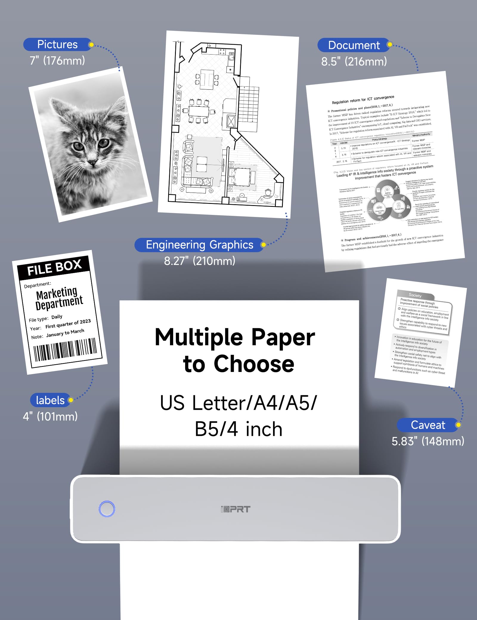 iDPRT MT610 Pro Stampante Portatile A4, Stampante Termica Densità di 300 DPI Compatibile con Laptop/PC, iOS/Android, Smartphone via Wireless Bluetooth, Mac/Windows via USB, Colore Bianca