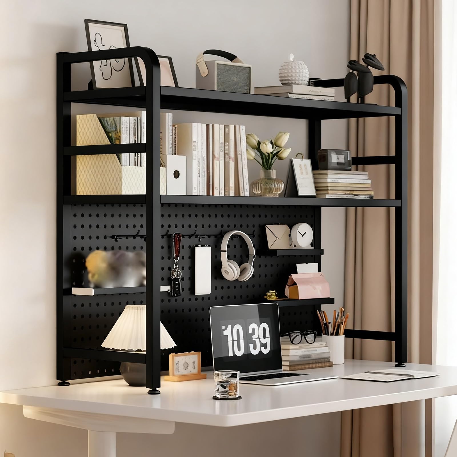 Estante de escritorio de metal de 2 niveles, estante industrial para encimera que ahorra espacio para dormitorio y oficina, escritorio y pantalla nd (negro, 29.5 pulgadas)