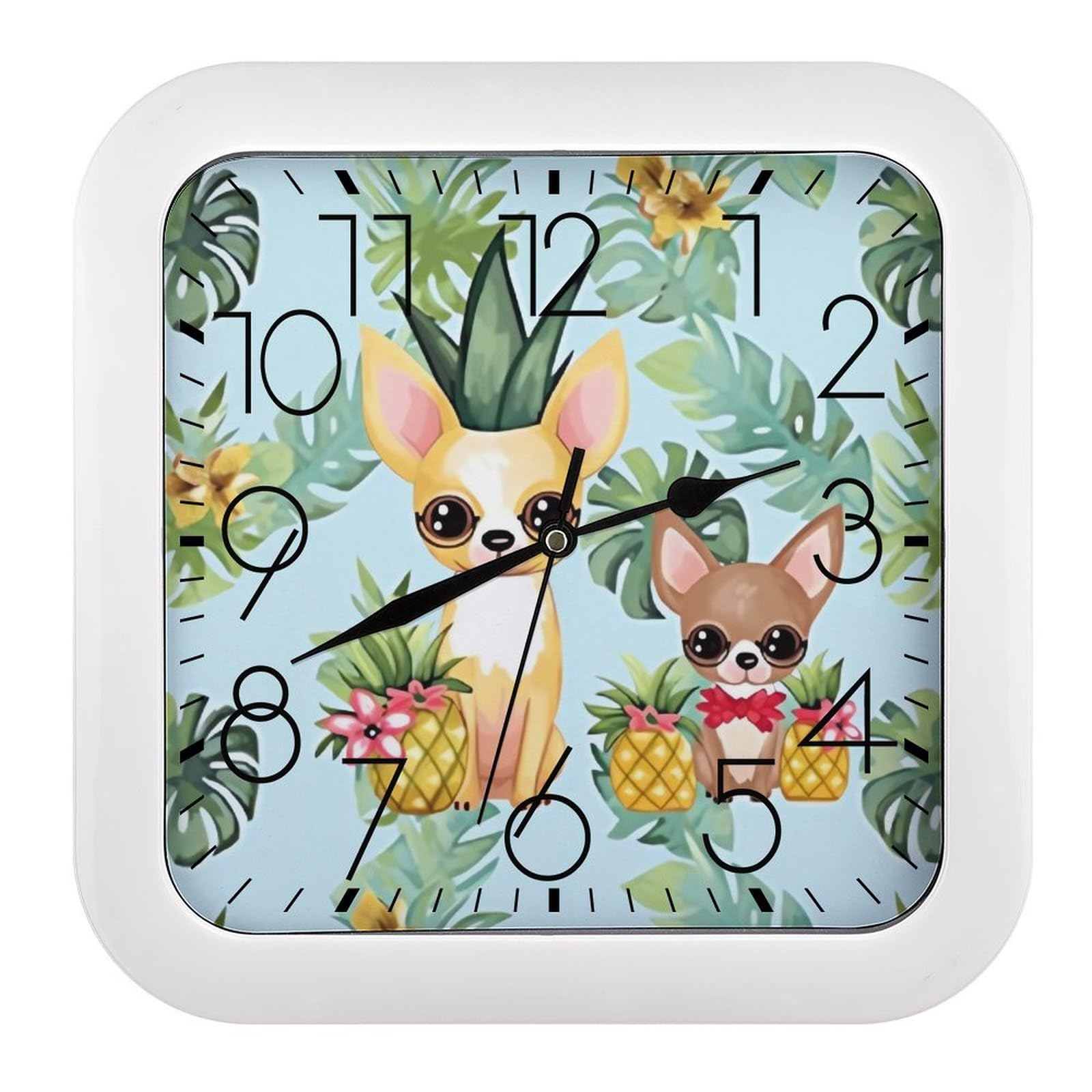 NTVOWPZO 10 Inch Wall Clock Chihuahua Dog Pineapple Battery Operated Wall Clocks Silent Non-Ticking Square Wall Clock for Living Room Kitchen Home Office Wall Decorative Clocks