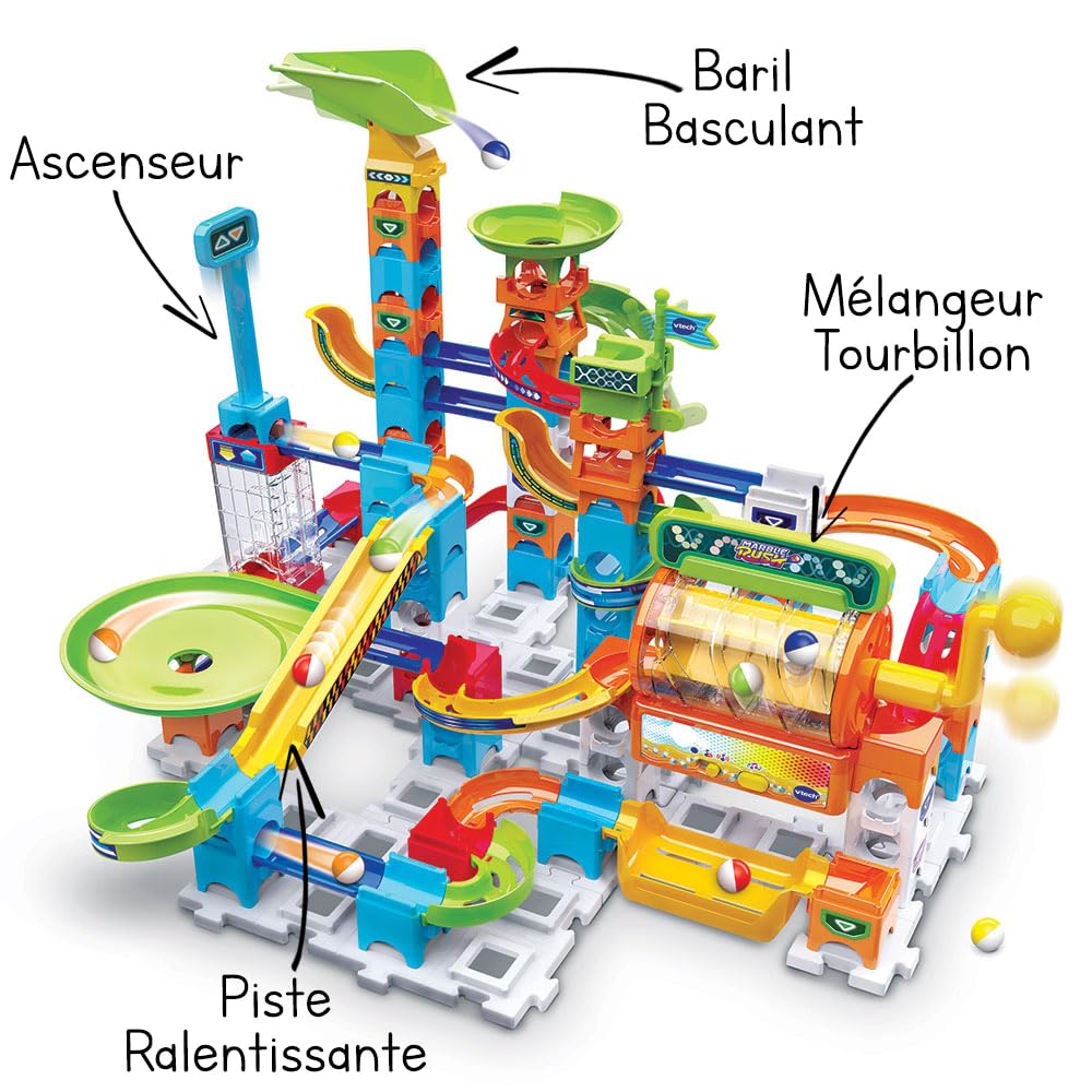 VTech - Marble Rush, Circuit à Billes Électronique Super Action Set Electronic L200E, Jeu de Construction, 102 Pièces, 10 Billes, Cadeau Enfant Dès 4 Ans - Contenu en Français