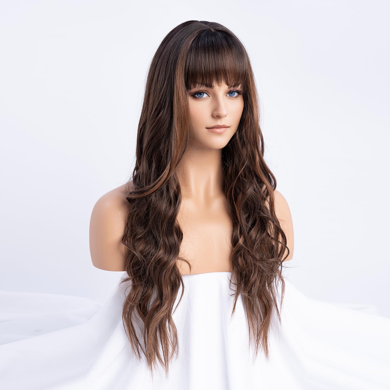 SIMKAYLEE Long Wavy Ladies Dark Brown Wig with Two Highlights Bangs Water Wave Curly Synthetic Chocolate Brown Wigs Highlighted with Fringe for Women Daily Carnival New Years Cosplay Party Use(26inch) - Image 3