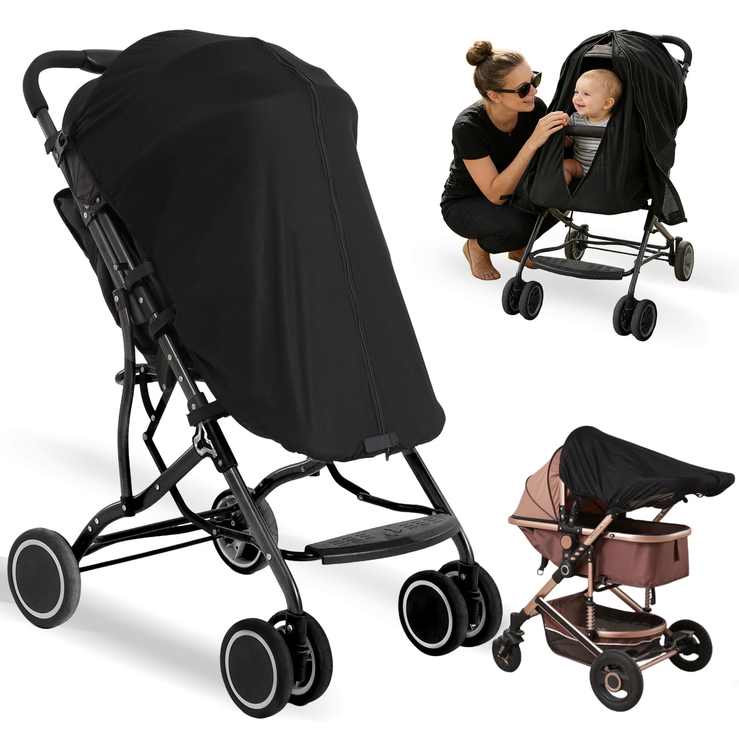 PewinGo Universal Stroller Sun Shade Cover, UPF50+ Blocks 99% UV Rays, Zipper Design Baby Sleep Shield, Breathable Double Layer, Insect & Wind Protection for Pram, Pushchair, Buggy & Travel Stroller