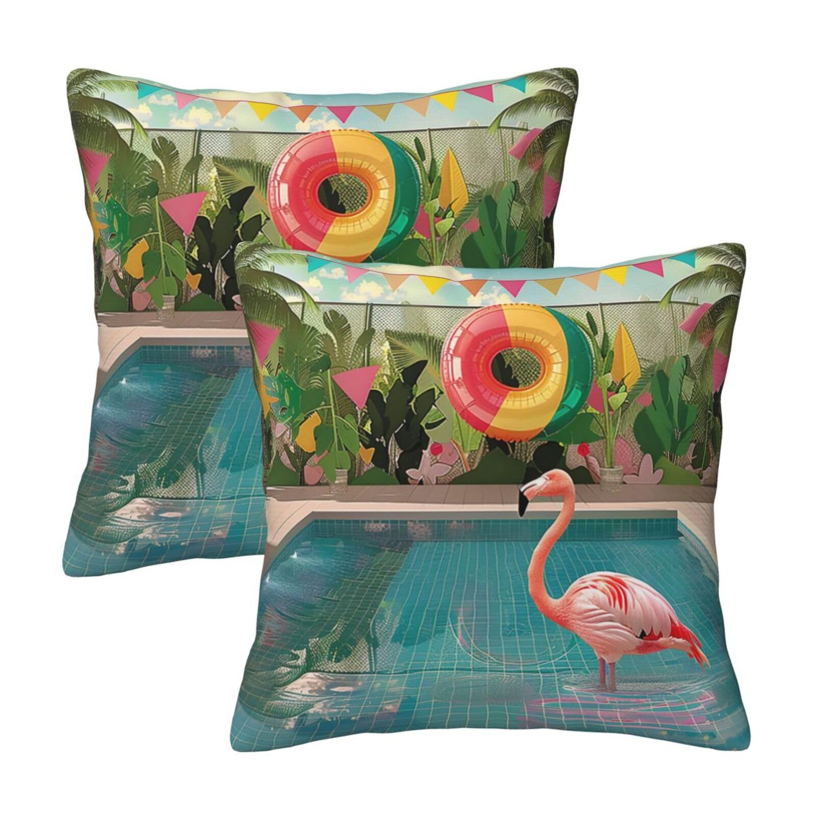 kkvhhyuo Flamingo and swimming pool Print Pillow Covers Set of 2, Square Decorative Cushion Covers with Hidden Zipper, Throw Pillow Cases for Living Room Sofa Bed Chair, 50x50 cm