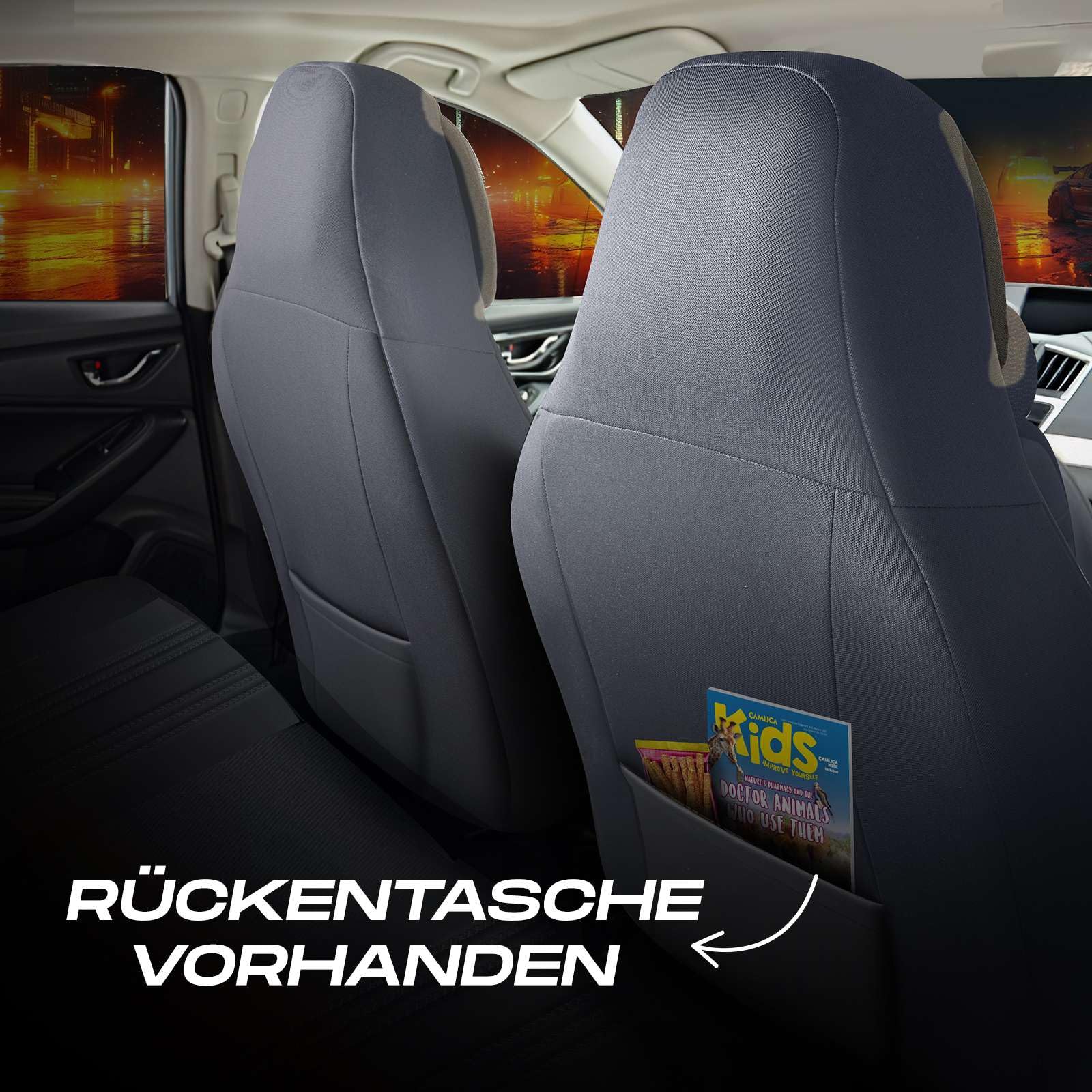 Autositzbezüge Universal für PKW & SUV – Premium Vordersitze Auto Sitzbezug aus Lacoste-Stoff, Rauchgrau, Airbag-Kompatibel Sitzauflage, Autoschonbezug, Vordersitz-Set inkl. Montageset