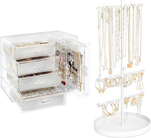 Jenseits Caja organizadora de joyas acrílicas, soporte organizador de joyas, soporte para collar de 3 niveles, soporte transparente para aretes,