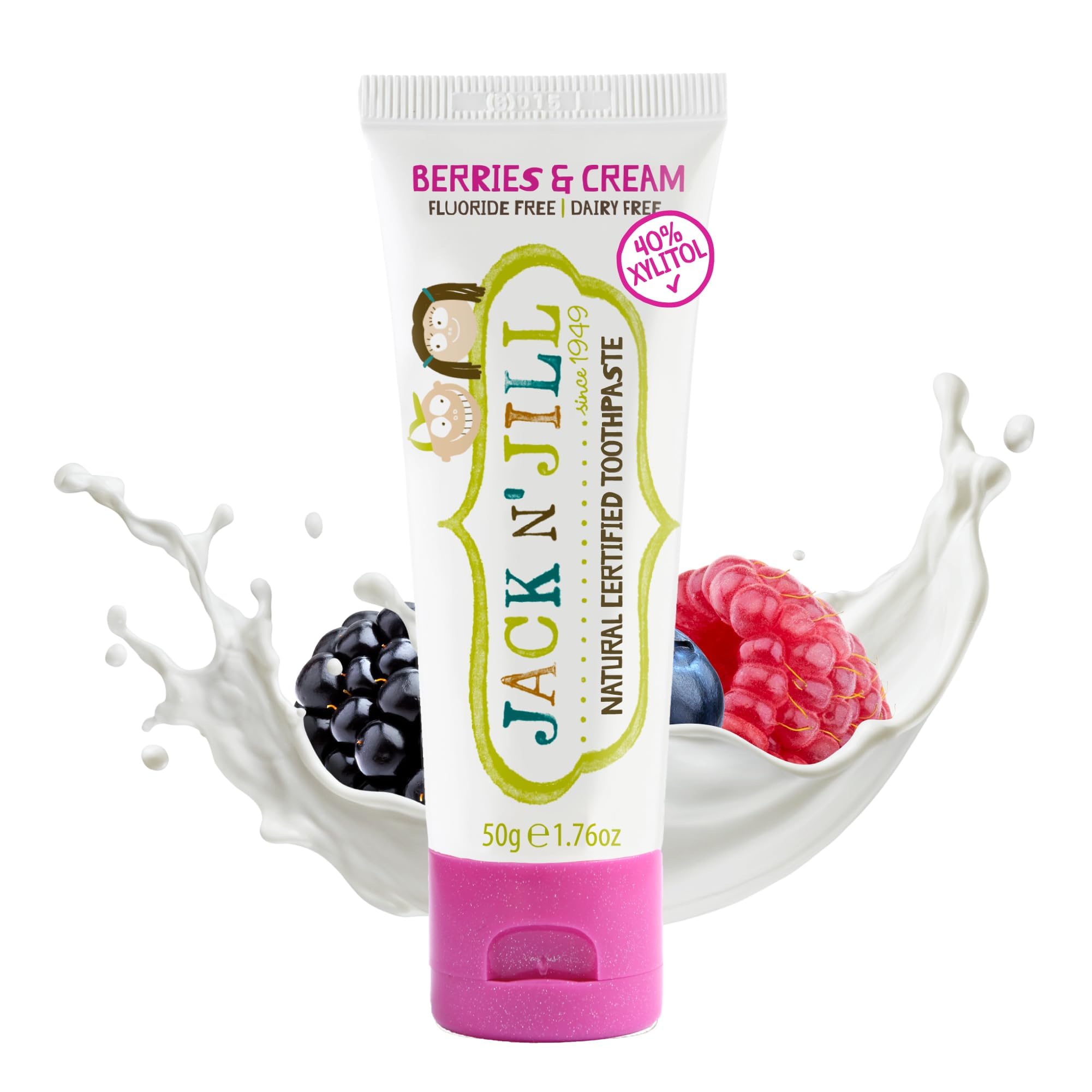 Jack N’ Jill Natural Certified Kids Toothpaste – Fluoride-Free Toddler & Baby Toothpaste with 40% Xylitol, No Sugar, Suitable from 6 Months+, Organic Berries & Cream Flavour, Pack of 1 (50g)