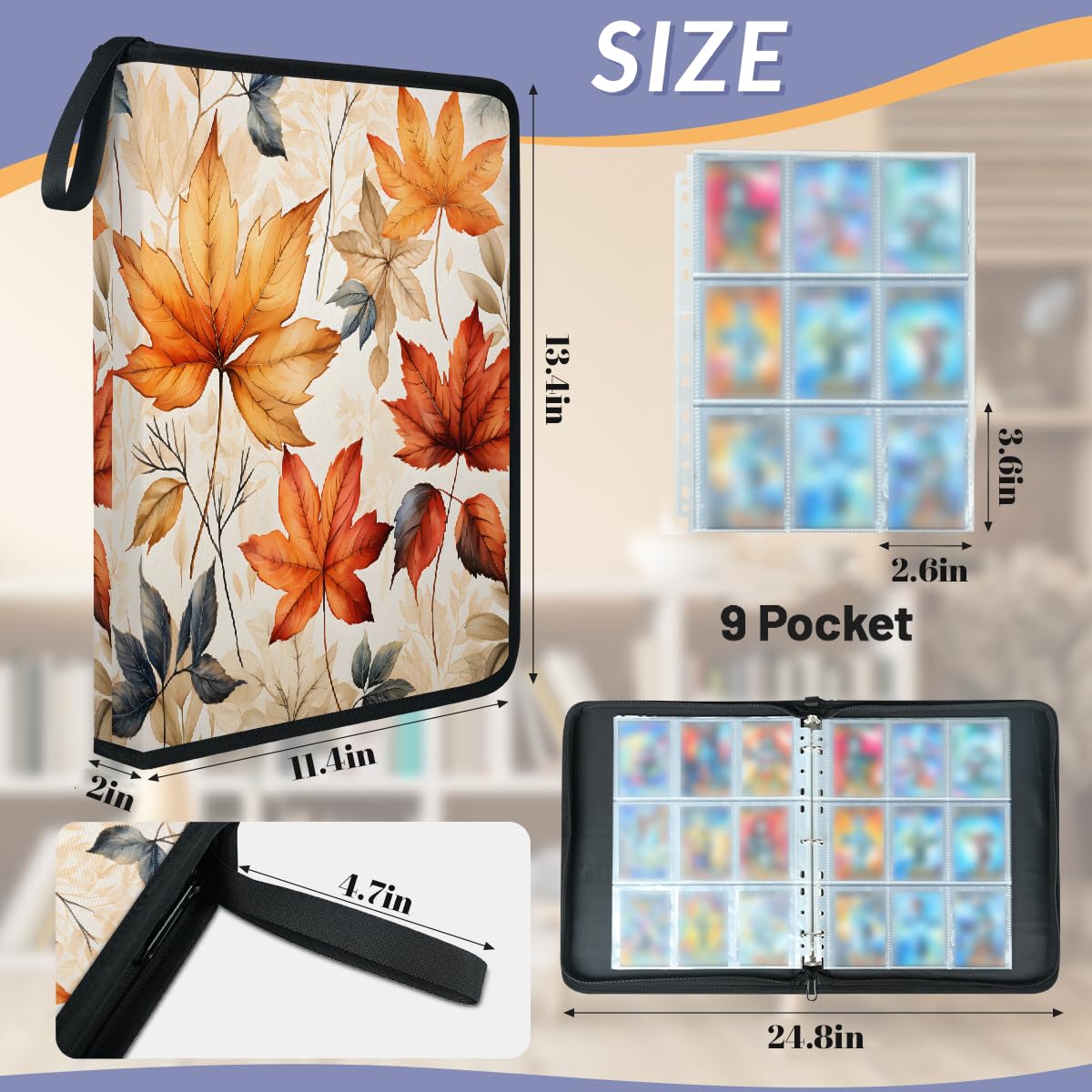 Carpeta de 9 bolsillos, carpeta con cremallera para 900 tarjetas estándar, hojas de arce otoñales, colección de tarjetas, soporte para juegos coleccionables, deportes