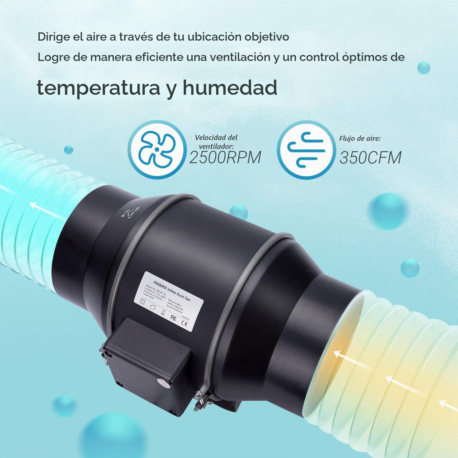 Inkbird Extractor de Aire Wifi, 6 Pulgadas Inteligente Con Sonda, APP Control, Bajo Ruido en Línea Para Sótanos, Baños, Cocinas, Talleres