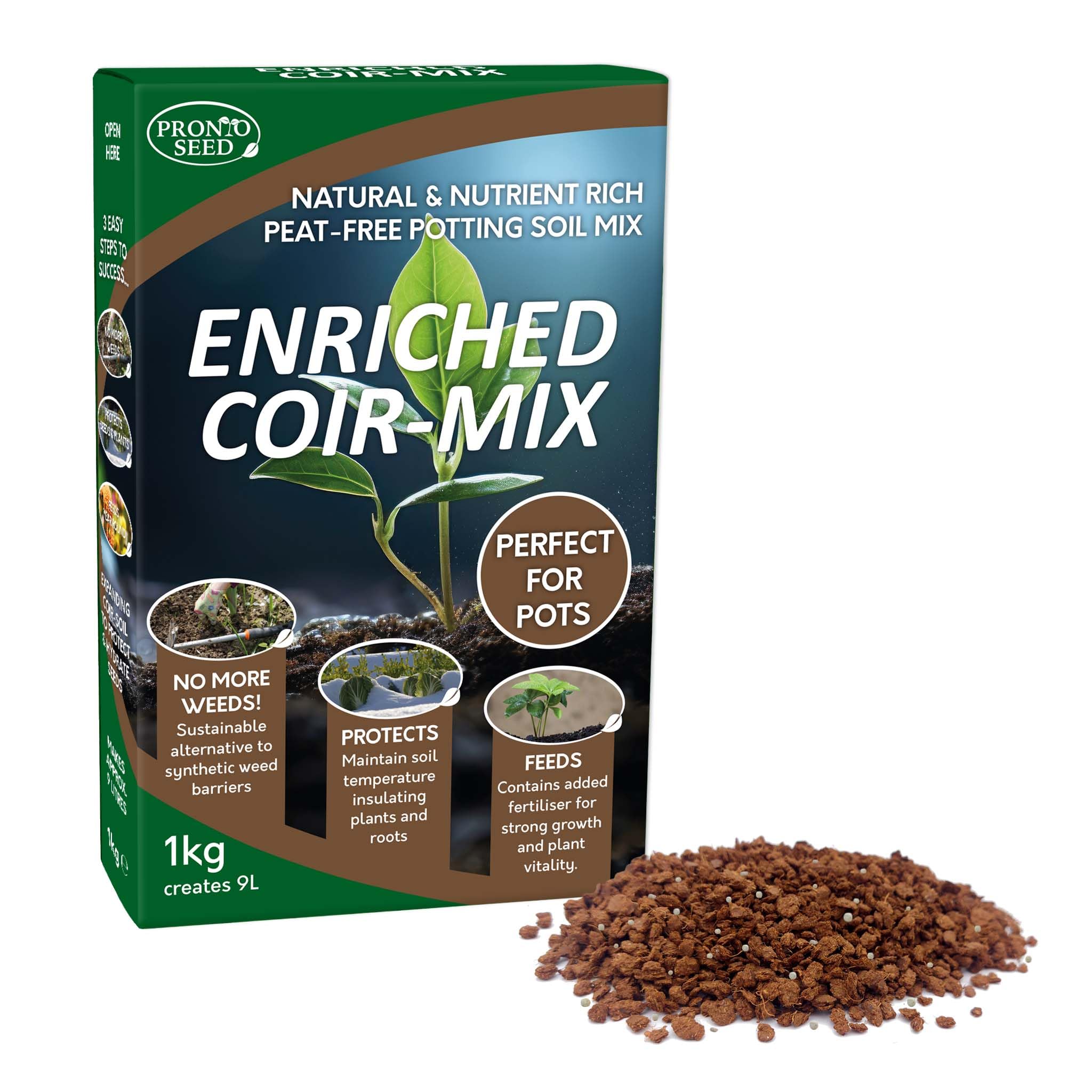 Pronto Seed Enriched Coir Potting Soil Mix 1kg | Peat-Free, Nutrient-Enriched Coconut Husk Mulch & Potting Mix | Expands to 9L | pH-Balanced Soil Alternative for Seedlings, Pots & Beds
