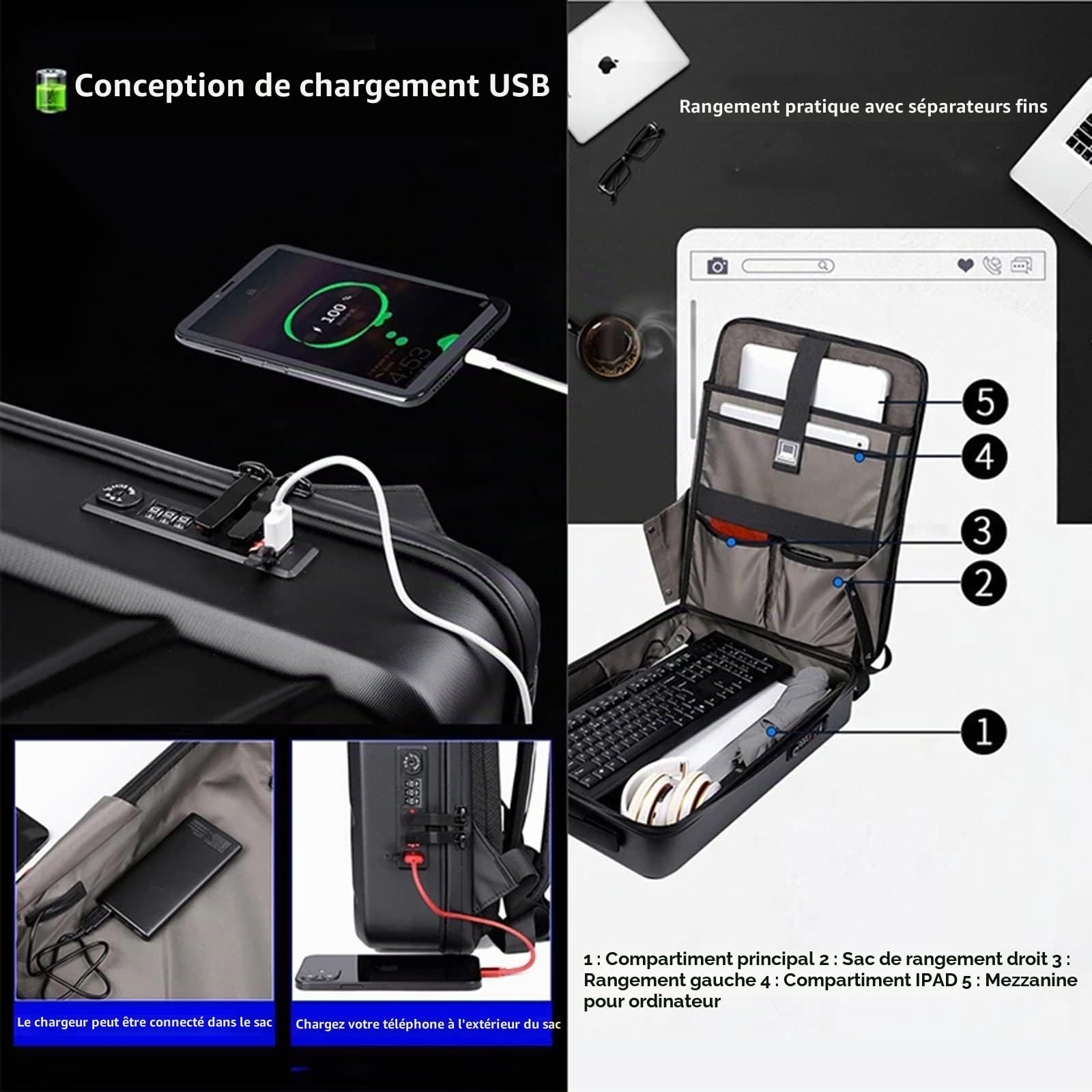 Sac à dos pour ordinateur portable à coque dure pour les hommes, sac à dos antivol à verrouillage TSA avec port USB, Business Collège Sac à dos pour ordinateur portable de 17 pouces