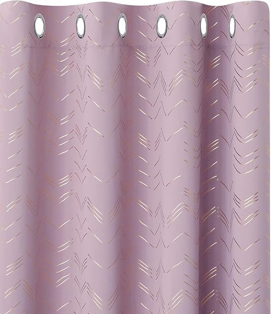 Amazon Brand - Umi Foil Printed Golden Line Blackout Curtains 46 x 54 Inch Light Pink 2 Panels Thermal Insulated Window Eyelet Curtains Bedroom Curtains for Girl