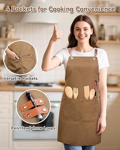Miniatura 2 de Teskyer Delantal de cocina con bolsillos, resistente al agua y aceite, delantales de lona con espalda cruzada para hombres y mujeres chef servidor