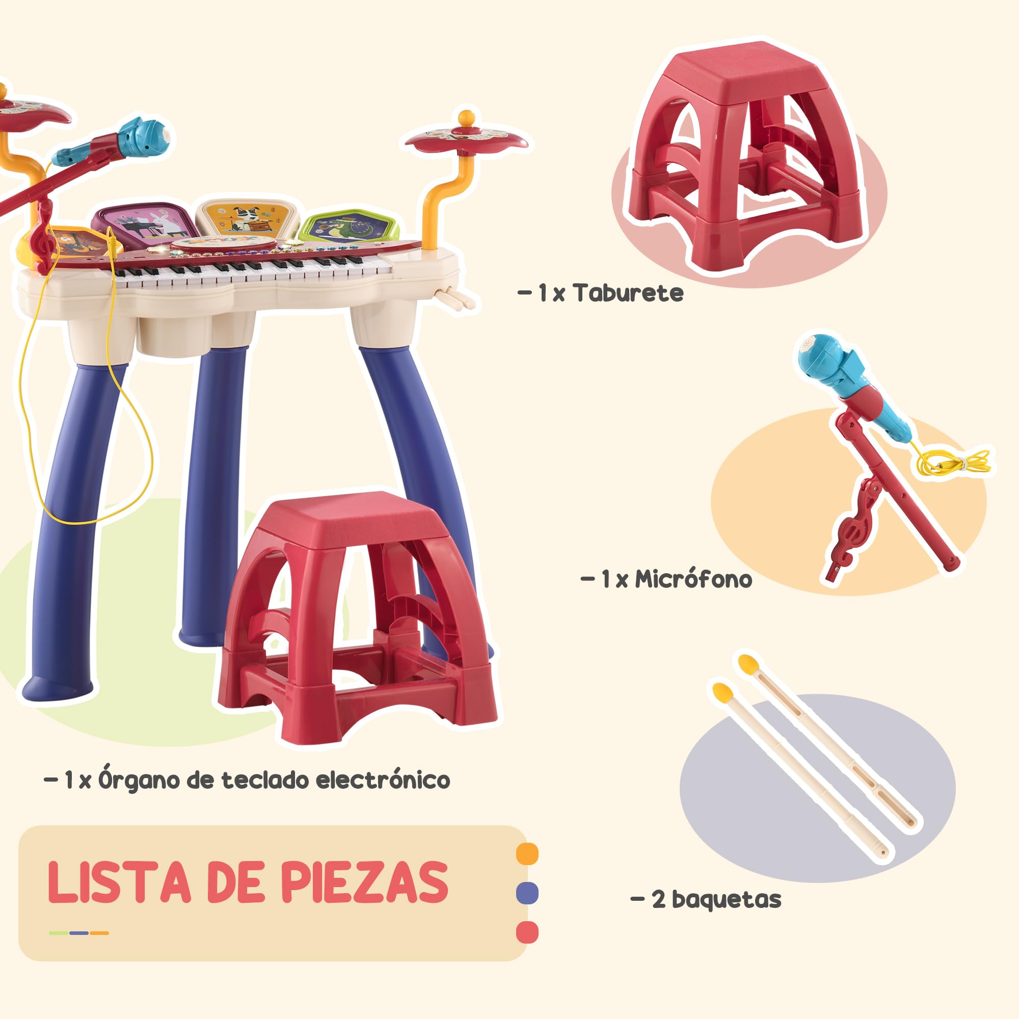 AIYAPLAY Piano Electrónico Infantil Piano para Niños 2 en 1 con 32 Teclas Batería Taburete Micrófono 19 Canciones y Volumen Ajustable 74x32,2x71 cm Multicolor