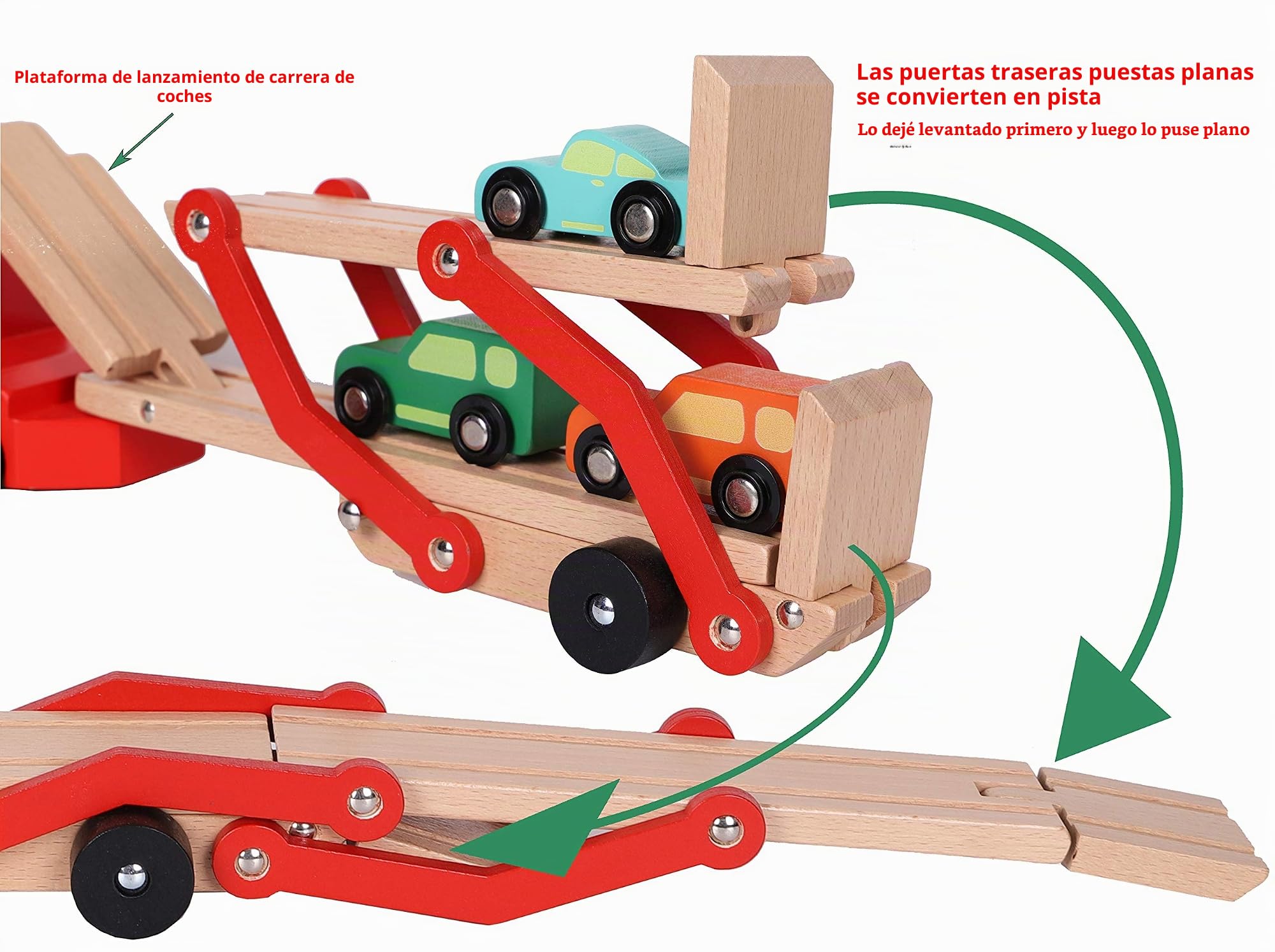 Toys of Wood Oxford TOWO Camión Transportador de Coches de Madera - Camión Portacoches de Dos Niveles con Remolque y 4 Coches - Juguete Educativo de Madera para Niños