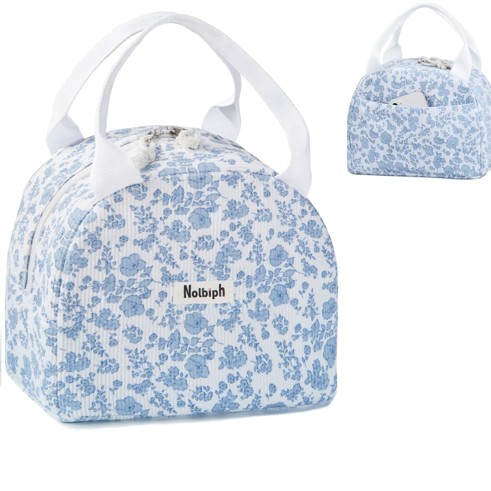 Nolbiph Lunch Bag -Insulated Lunch Box for Women, Floral Lunch Bags for Women,Reusable Large Capacity Cooler Bag for Adult, Cute Corduroy Lunch Tote for Work Office Travel Picnic (Blue-Flower)