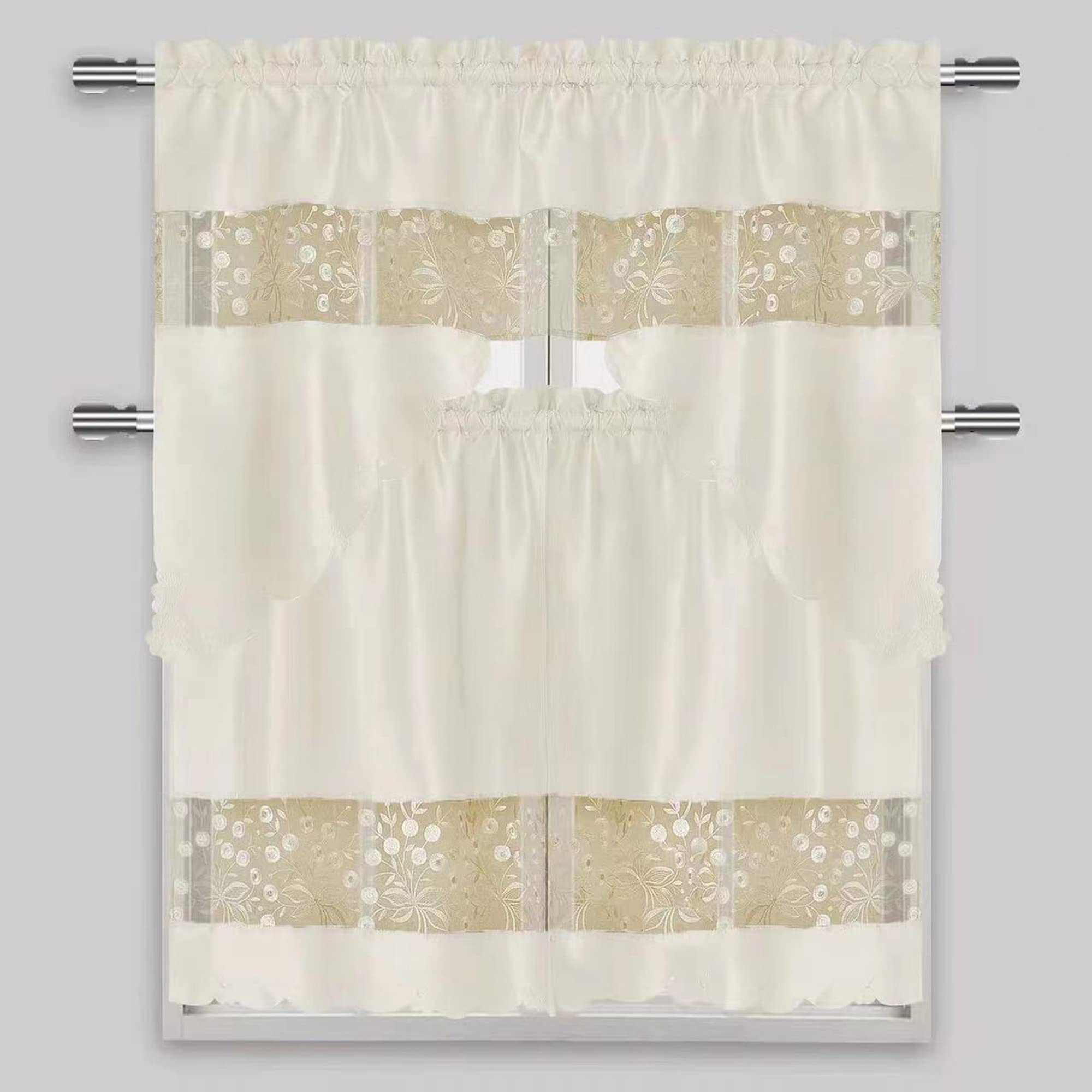 OPT Brand. Semi-Sheer Rod Pocket Embroidery Kitchen Curtain 3 Pieces & Swag Valance 2 Tiers Set, 85003 (Beige)