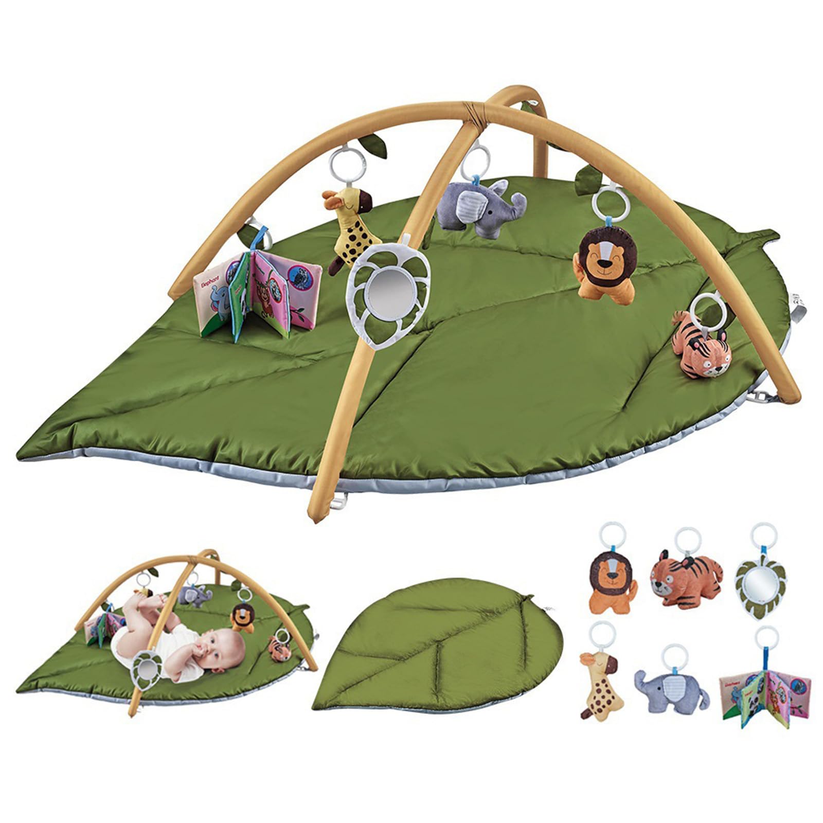 FOLODA Geräumige 142 x 90 cm große Krabbelmatte mit verstellbarem rundem und interaktivem Spielzeug, grüne Spielmatte für Babys