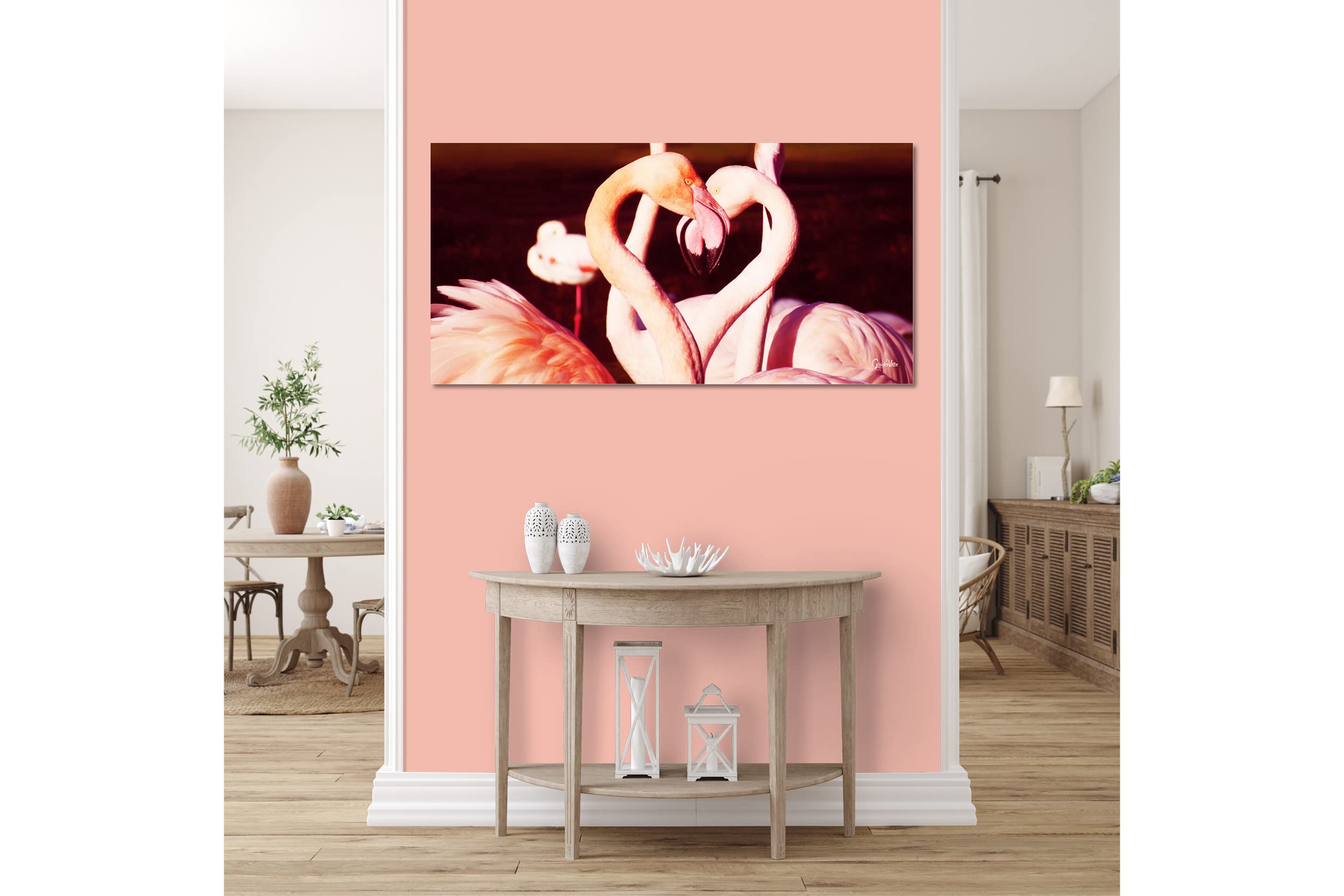 Glücksvilla - Flamingos in Love (Leinwand-Bild 2 cm, 160 x 80 cm) | div. Maße - aus DE - Kunstdruck Deko Wandbild quer - Vogel Tier See Meer Liebe Herz Frankreich