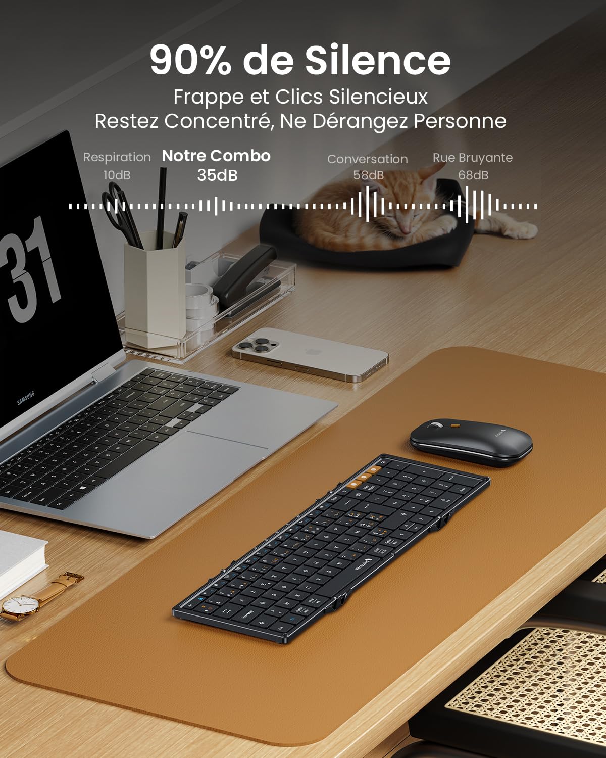 ProtoArc XKM01 Clavier Souris sans Fil Pliable, 2.4G+Dual Bluetooth | AZERTY, 105 Touches avec Pavé Numérique, Rechargeable, Etui Rigide et Support Inclus, pour iPad/Téléphone/Tablette
