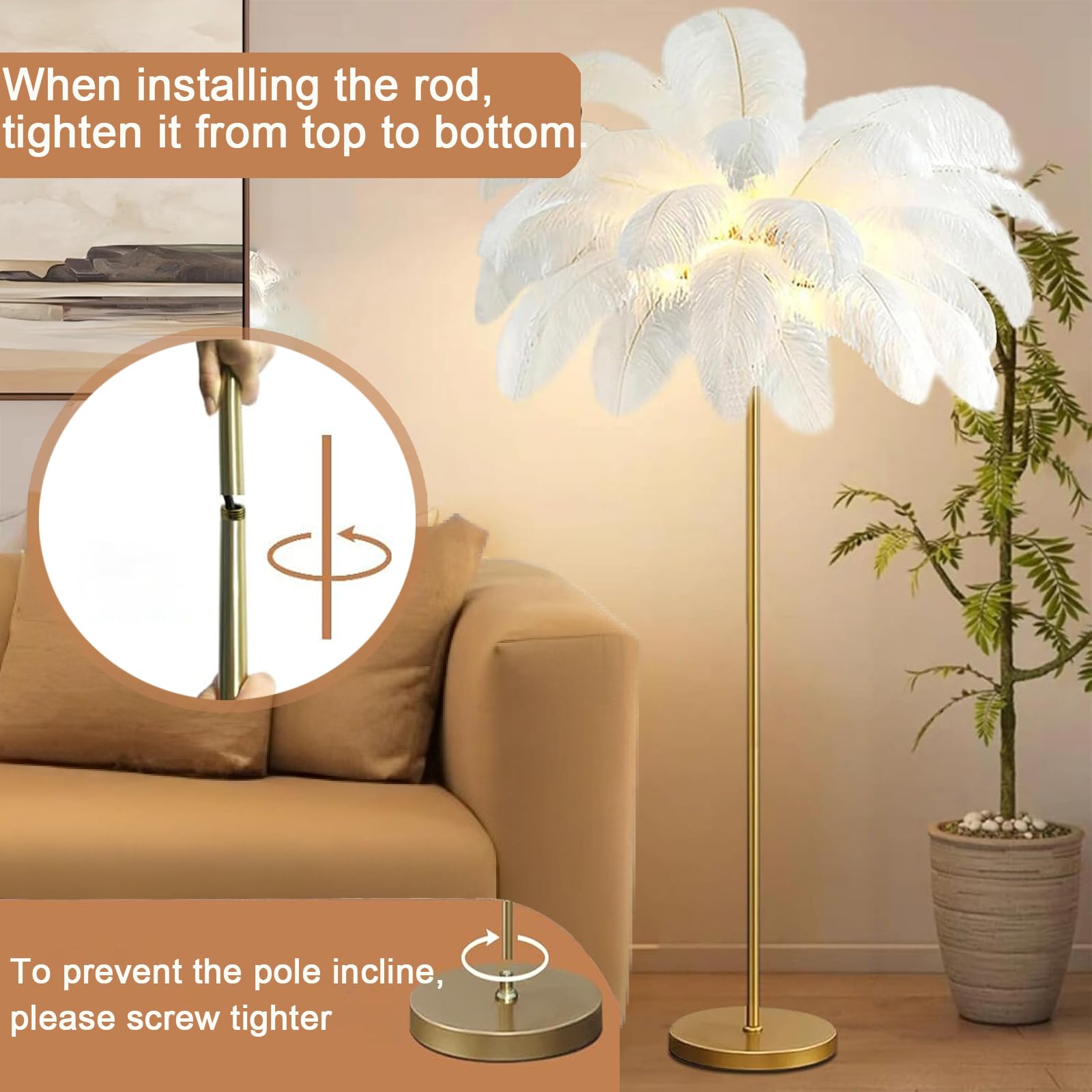 Federlampe Stehlampe aus Natürlichen Straußenfedern, 3-Farbig Dimmbarem | 160cm Hoch, für Wohnzimmer, Schlafzimmer, Lesen, Büro