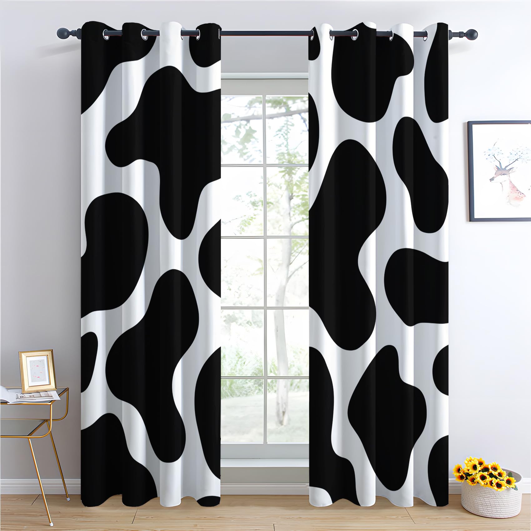 Venivici Cow Print Blackout Curtains for Bedroom Living Room - 72 Inch Drop Curtains Eyelet, Black and White Animal Print Patterned Window Treatments, Thermal Insulated Drapes 46x72 2 Panels