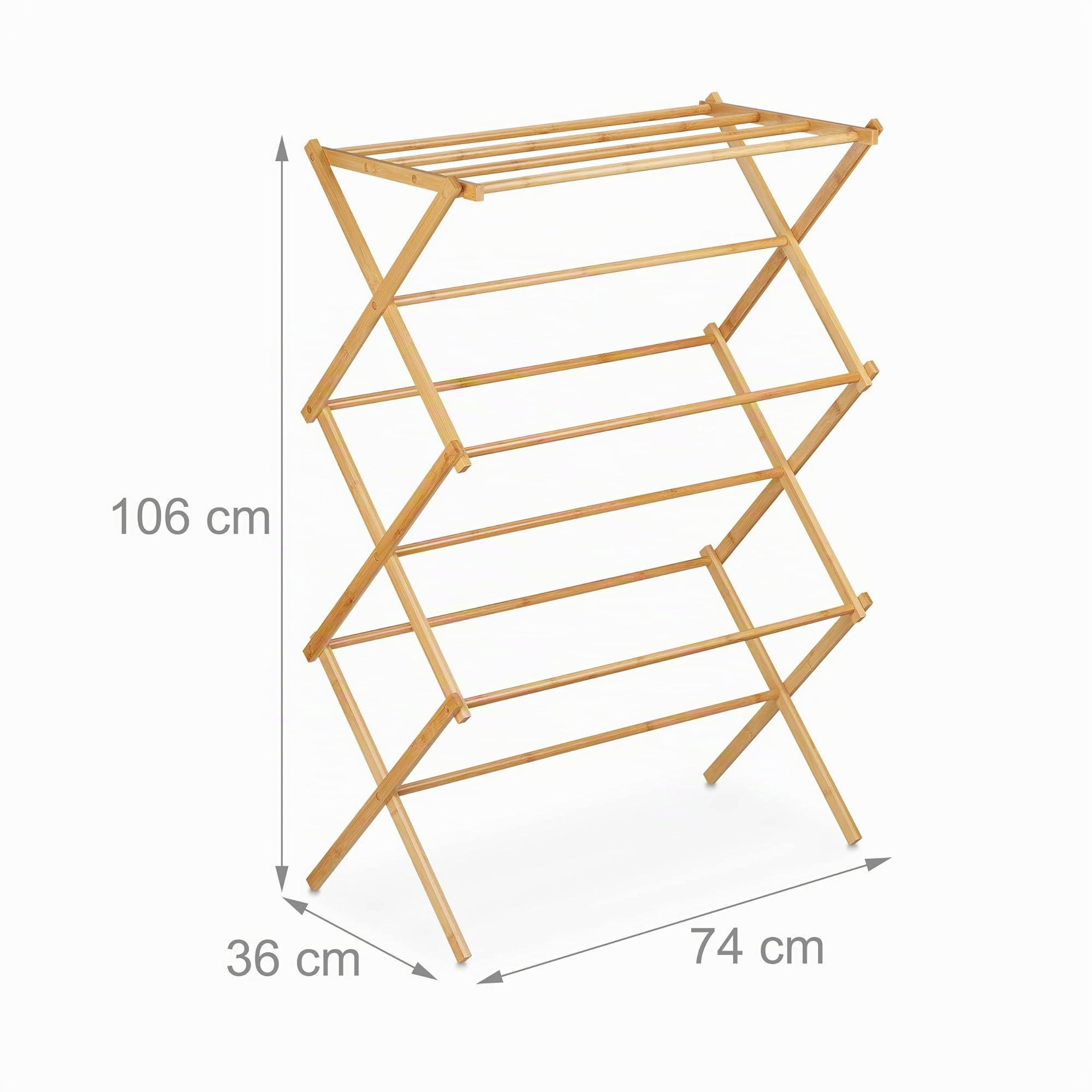 Relaxdays Portatoallas Plegable con 11 Barras, Bambú, Tendedero de Pie para Ropa, 6 Niveles, 106 x 74 x 36 cm, Natural