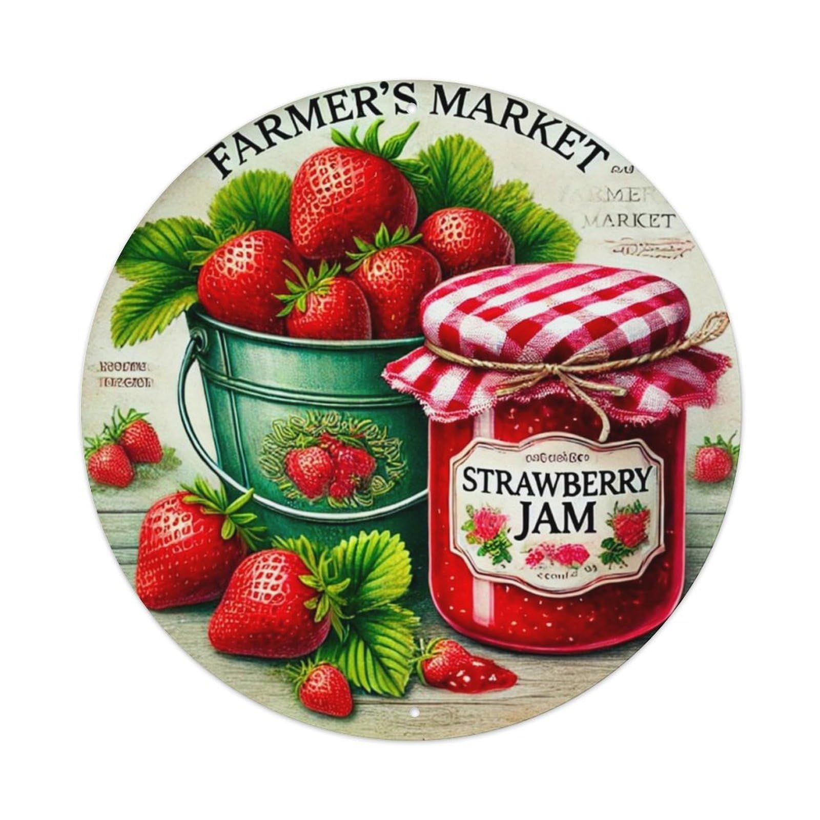 Strawberry Jam Jar Label Design Vintage Metal Tin Sign Retro Wall Decor for Home Bar Garage Cafe, Indoor & Outdoor Decorative，circle Metal Poster, 8x8 Inch