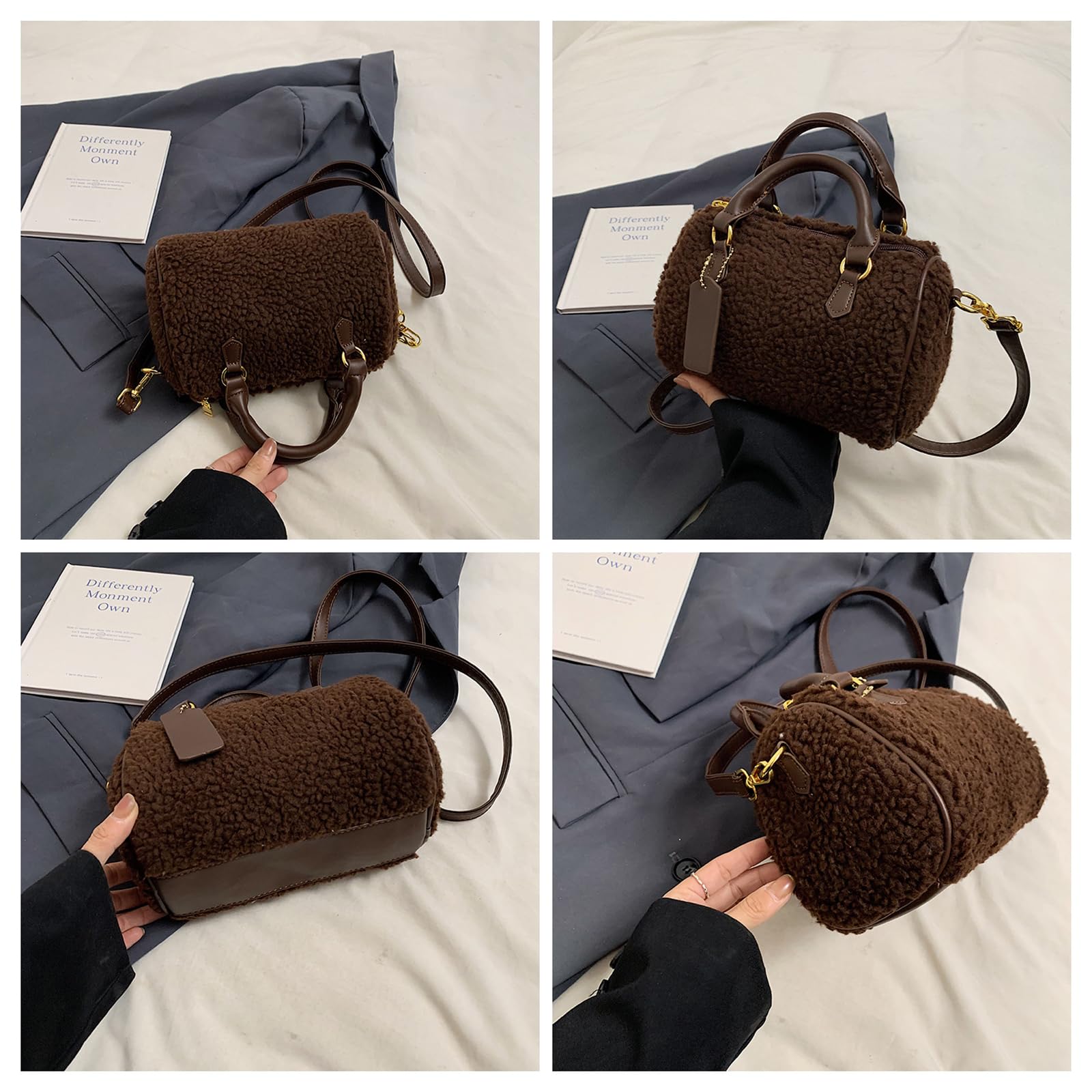 Damen Lammwolle Handtasche Flauschige Tasche Plüsch Schultertasche Niedlich Flauschige Umhängetaschen Tote Beutel Elegant Tragetasche Messenger-Tasche Frauen Henkeltaschen Boston Tasche Kaffee