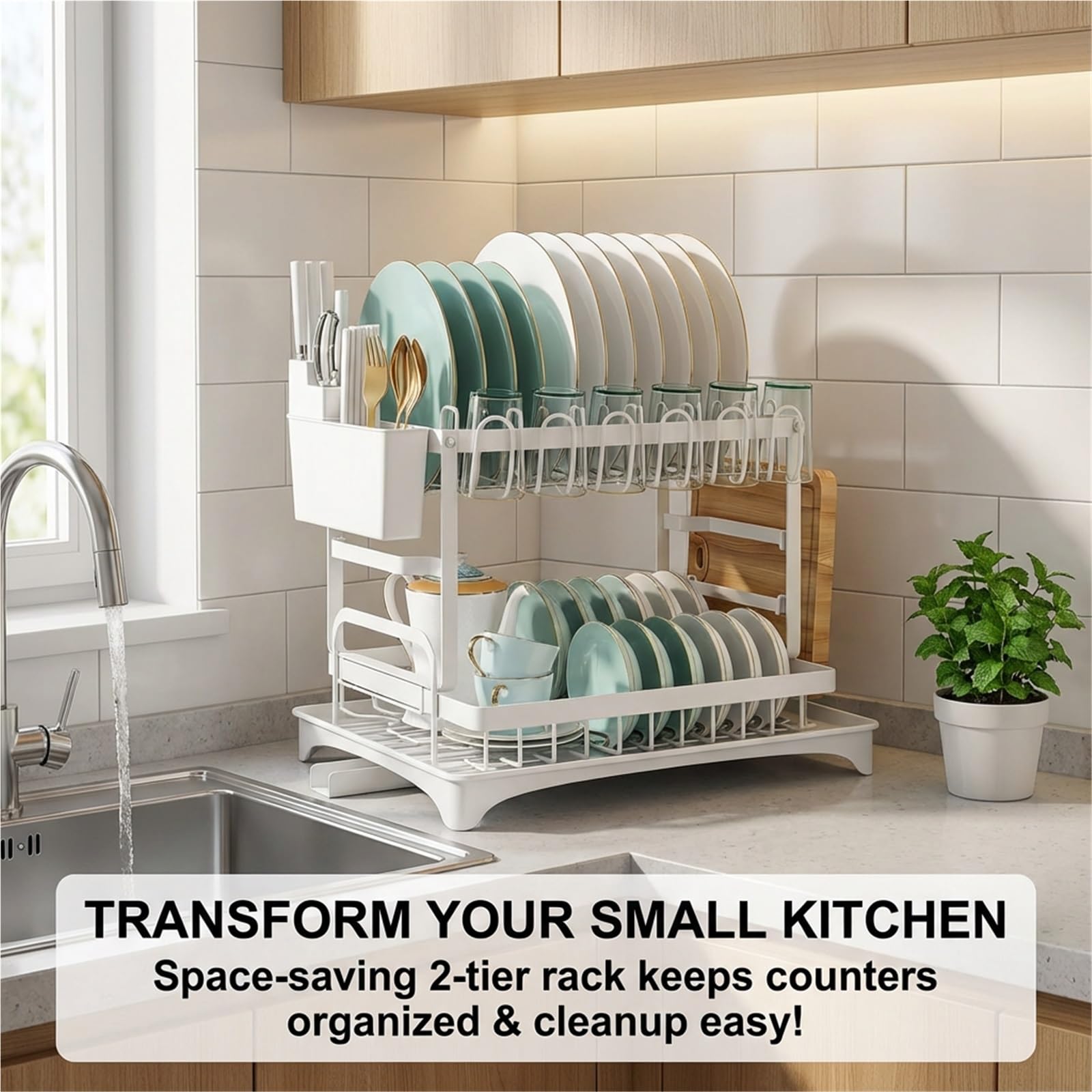 Escurridor de platos de 2 niveles con soporte para cubiertos y secadora de tazas, ahorra espacio, para cocinas pequeñas, drenaje eficiente y secado negro