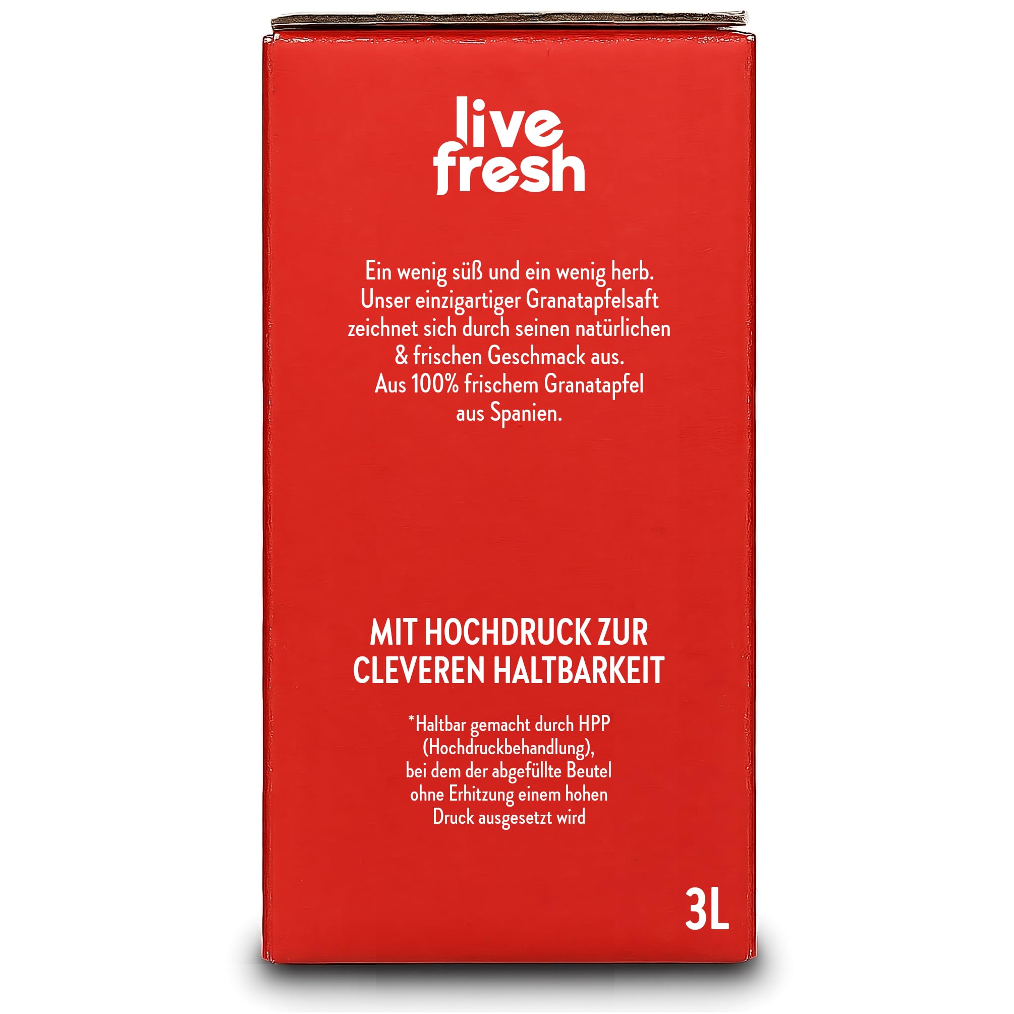 LiveFresh Granatapfelsaft Kaltgepresst¹ - 3 Liter – 100% Granatapfel Direktsaft ohne Zusätze – Nicht erhitzt – In Deutschland hergestellt