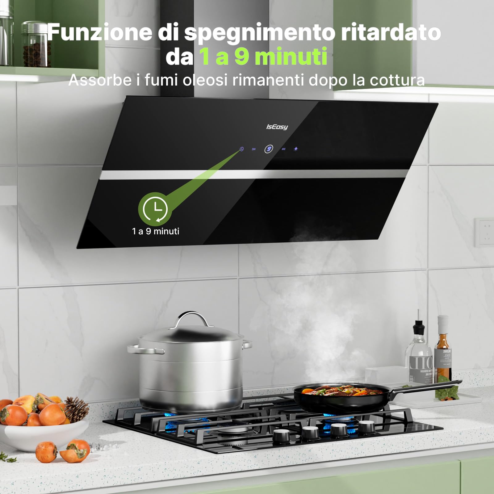 IsEasy Cappa Aspirante 90 cm con 578 m³/h Forte Potenza di Aspirazione, Cappa Cucina 90 cm di Scarico/Ricircolo, 4 Livelli di Regolazione, Ritardo 1-9 Minuti, 58 dB, Nero, Efficienza A++