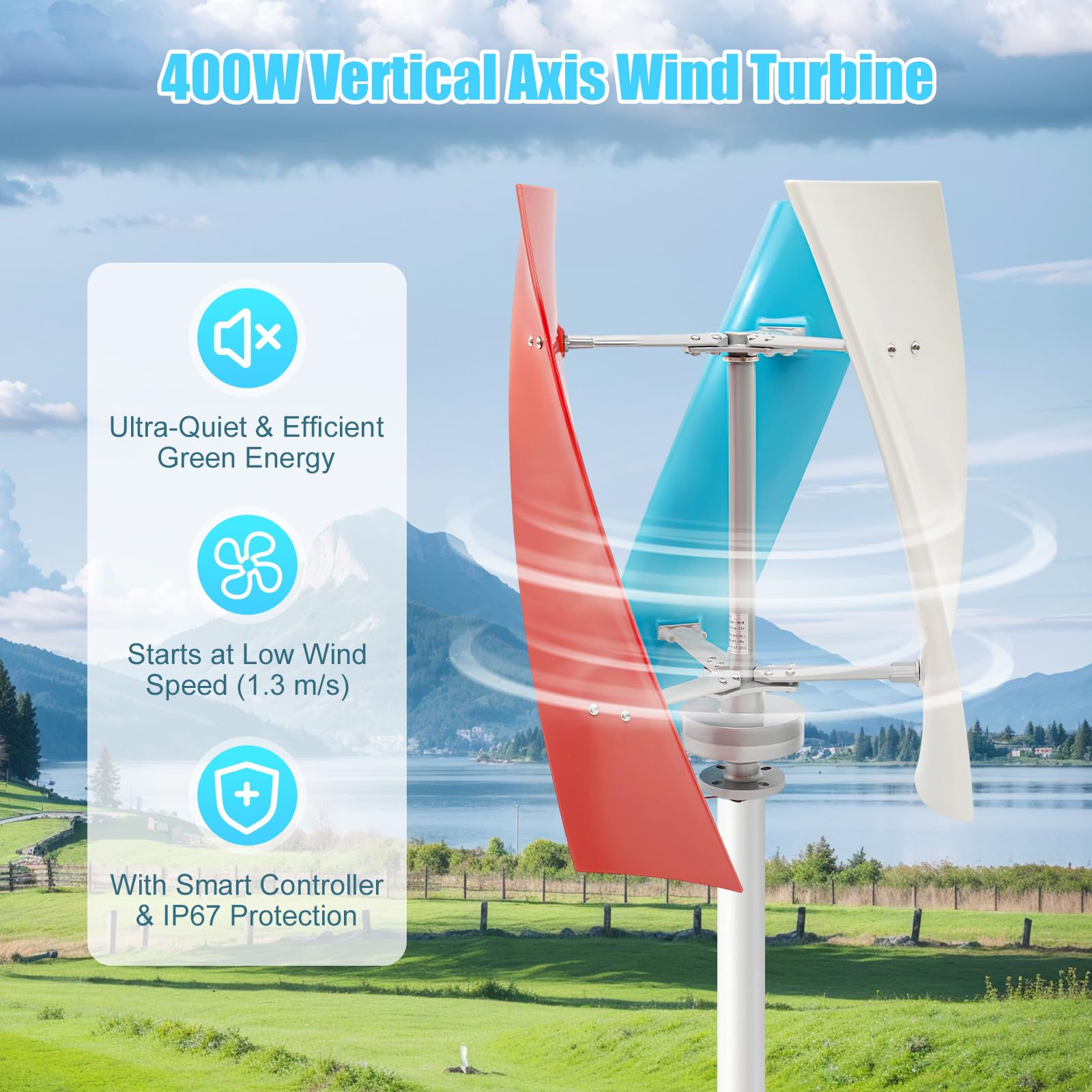 Éolienne 450W 12V/24V Verticale, Générateur Éolien Domestique avec Contrôleur Intégré - Turbine Éolienne Silencieuse pour Jardin, Maison, Autonome