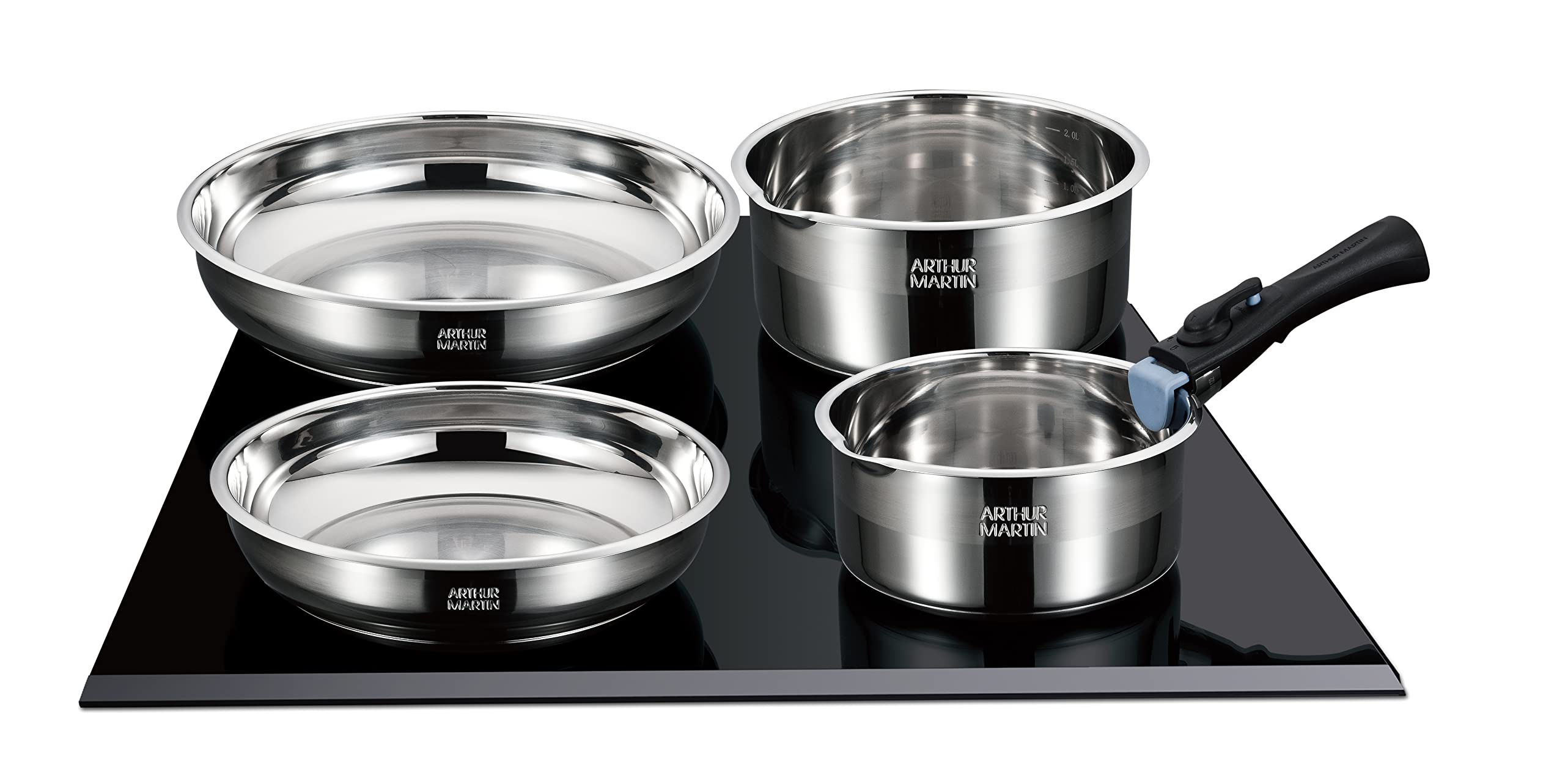 ARTHUR MARTIN - Batterie de Cuisine 10 Pièces en Inox, Casseroles Et Poêles Antiadhérentes, Couvercles, Ustensiles Inclus, Compatible Tous Feux, Poignée Amovible, Finition Satinée