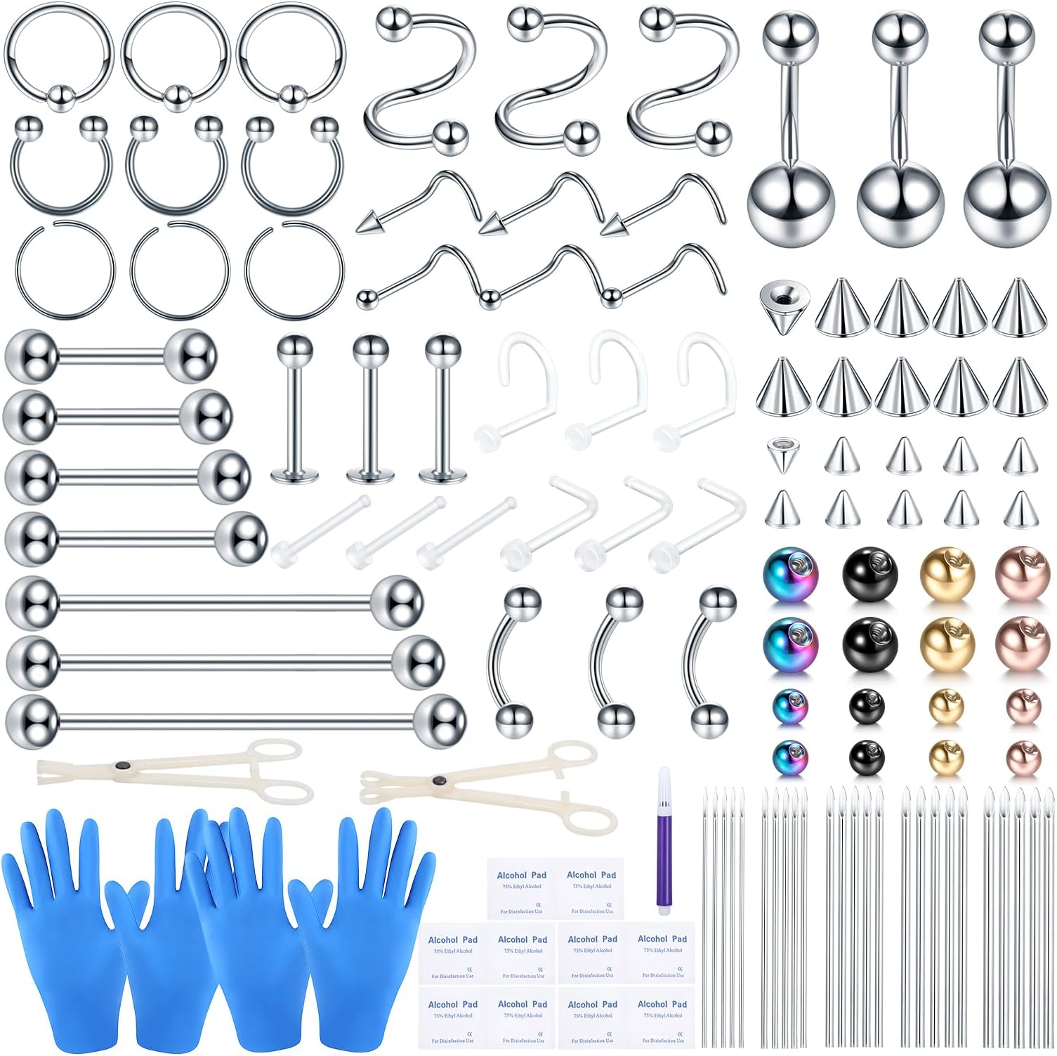 Oveta 55-150PCS Body Piercing Jewelry Lot 14G 16G 20G Stainless Steel Nose Lip Tongue Cartilage Tragus Eyebrow Industrial Barbell Belly Button Rings Piercing Kit Jewelry