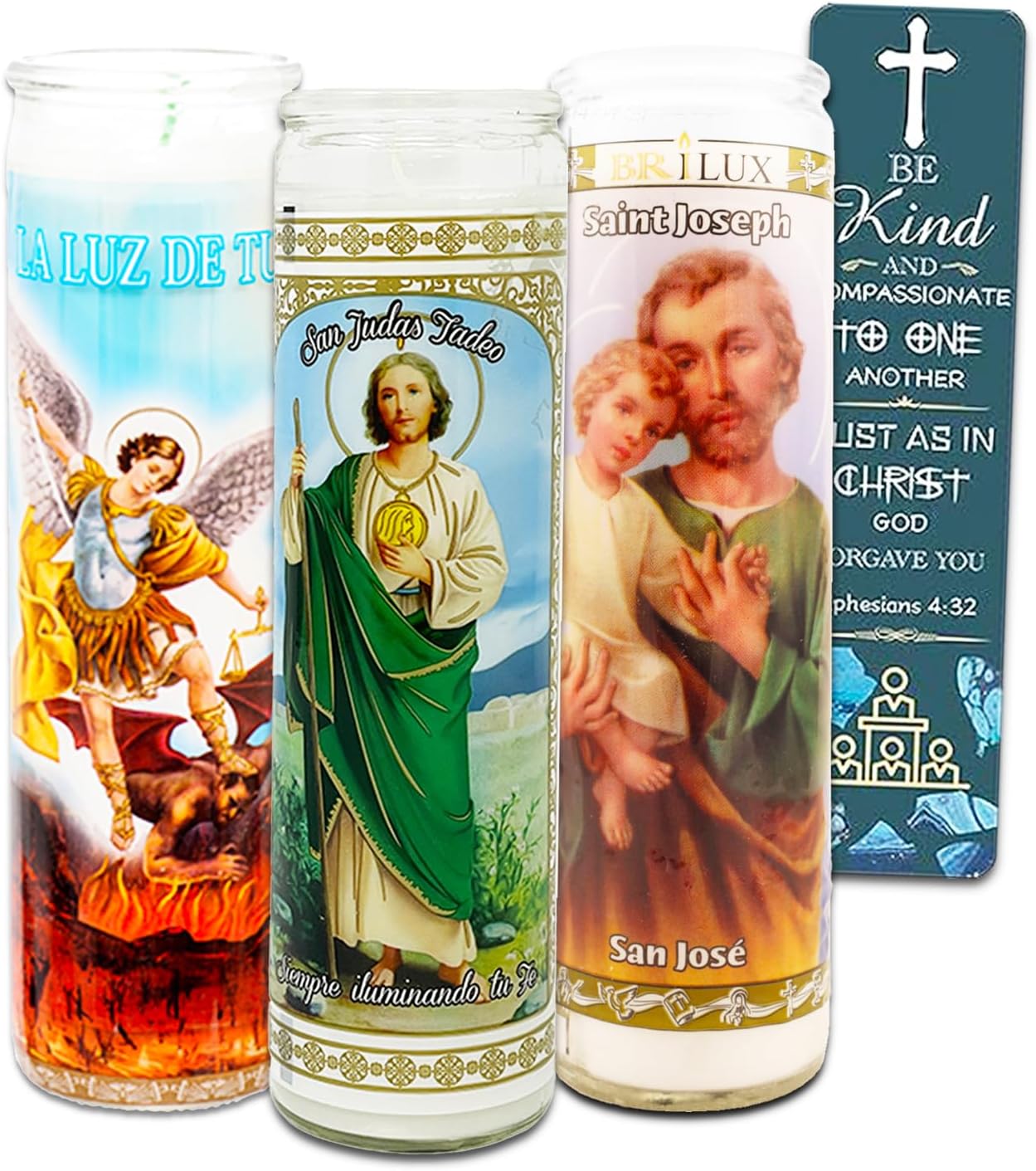 Saint Candles Catholic - 3 Pack Bundle: 8" Saint Joseph, Jude & Michael The Archangel for Vigils, Prayers & Blessings | White Religious Glass Candles