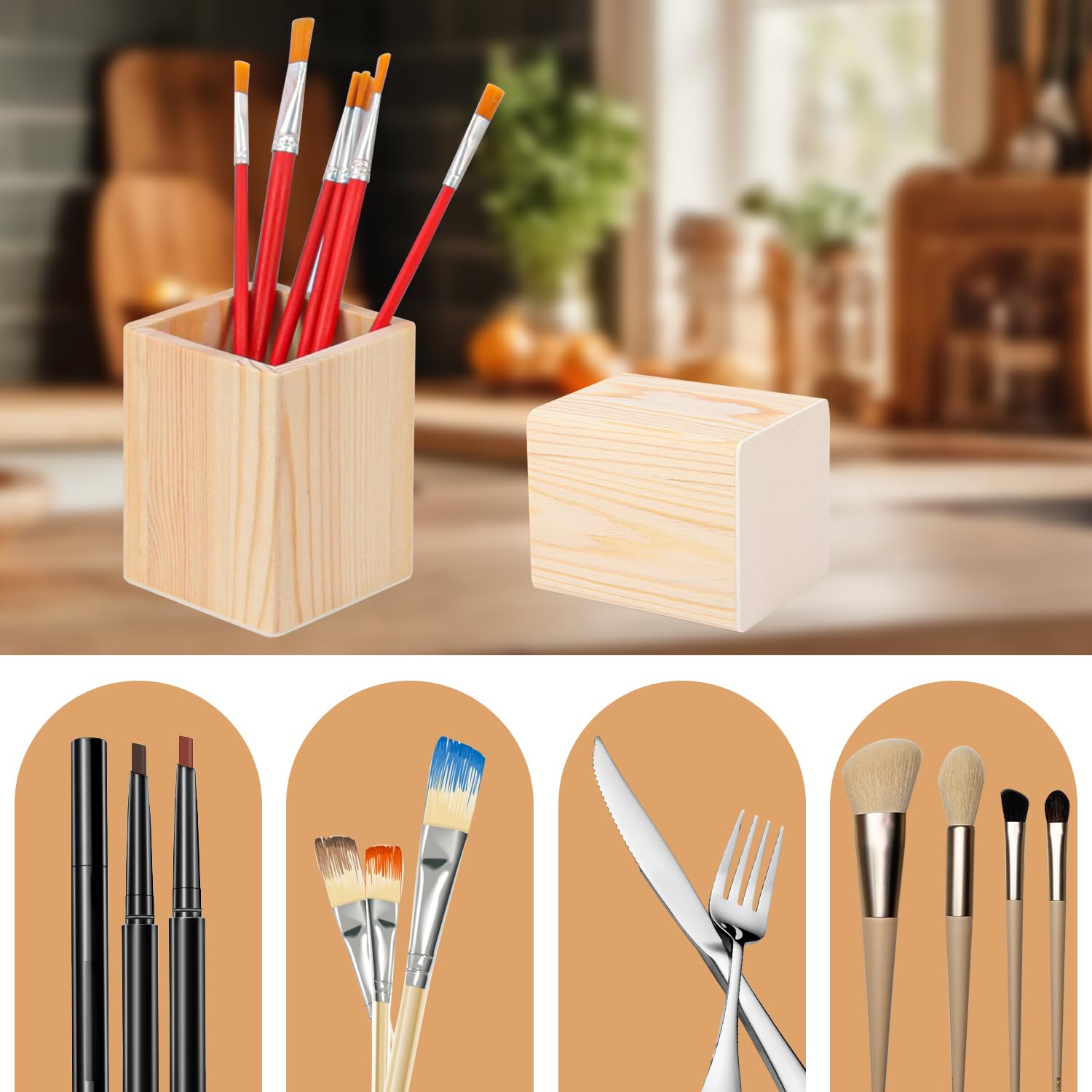 Confezione da 24 portamatite quadrati in legno non finito, 7,6 x 7,6 x 10,2 cm, portamatite in legno, per scrivania, ufficio, progetti fai da te